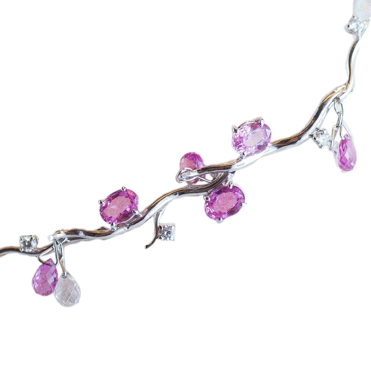 Handmade one of a kind necklace manufactured by Fratelli Piccini's goldsmiths in the ancient workshop on the Ponte Vecchio. The necklace represents a 33 grams 18KT white gold branch with 26.27 ct oval and briolette cut pink sapphire, 0.70 ct