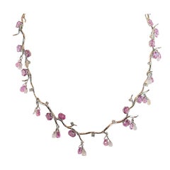 Stunning Pink Sapphire Briolette Moonstone Diamond Gold Necklace
