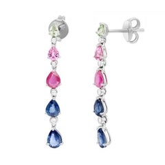 Stunning Pink Sapphire Ruby  Diamond White 14K Gold Dangle Earrings for Her