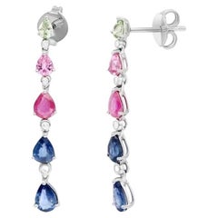 Impresionante zafiro rosa rubí  Pendientes Colgantes de Oro Blanco 14K con Diamantes para Ella