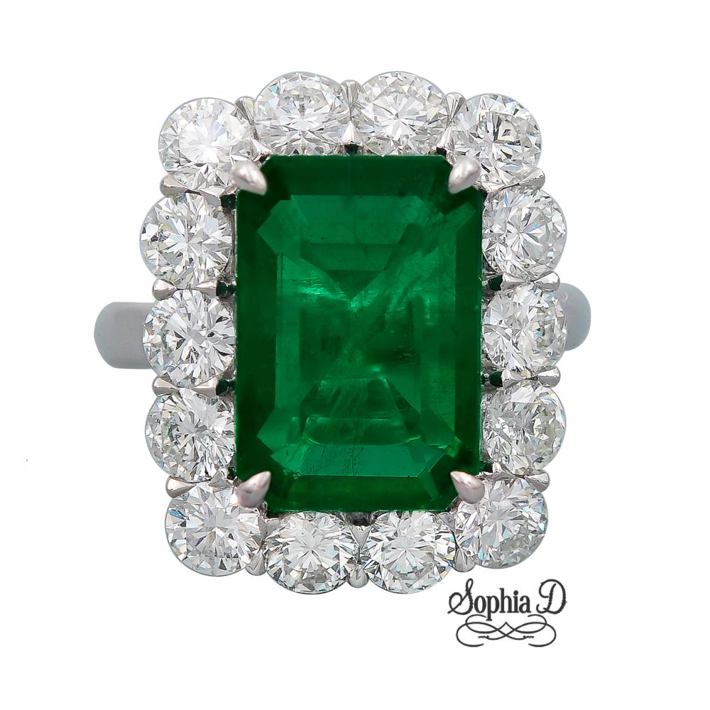 Emerald Cut Sophia D, 6.75 Carat Emerald and Diamond Ring For Sale