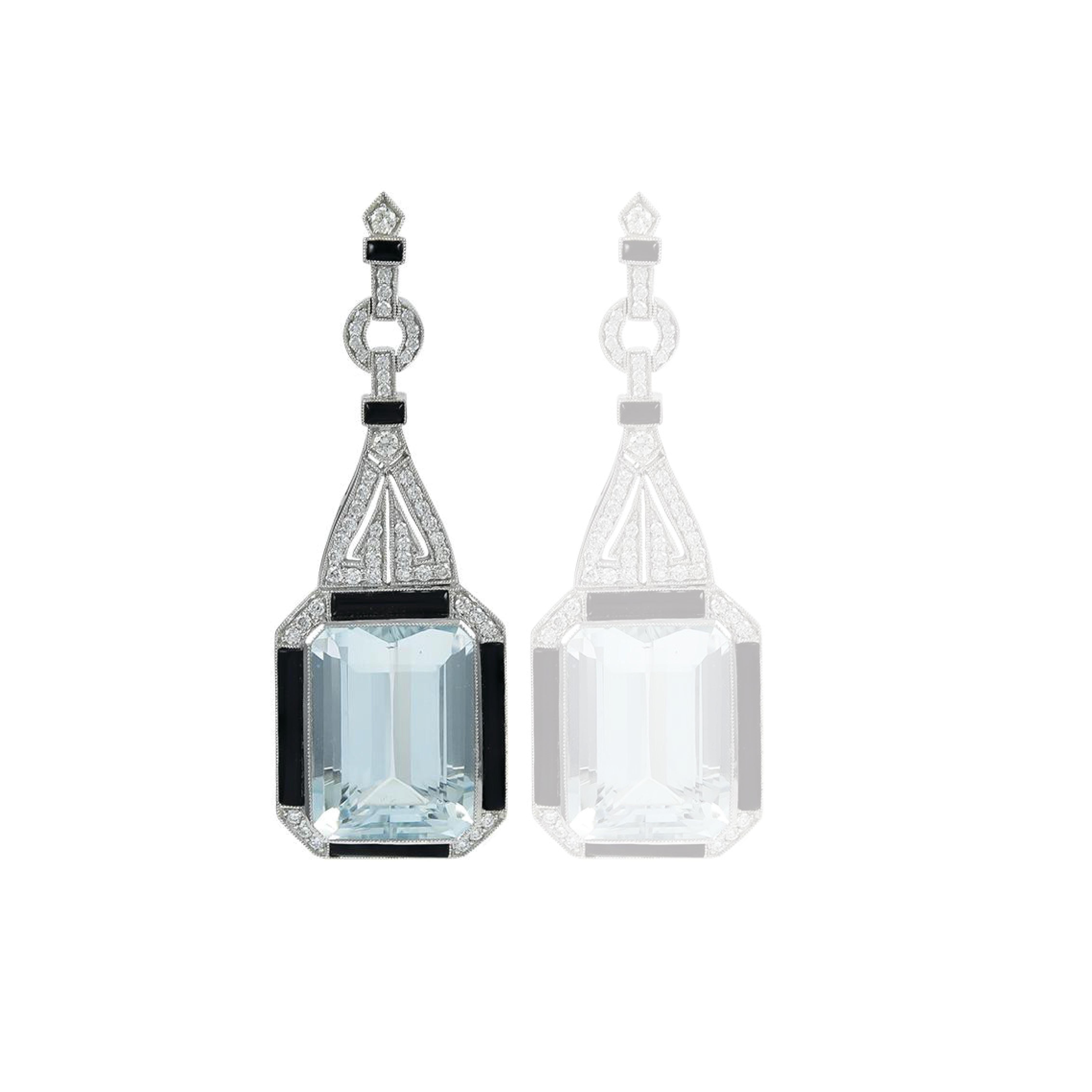Round Cut Sophia D. Aquamarine Platinum Pendant with Onyx and Diamonds For Sale