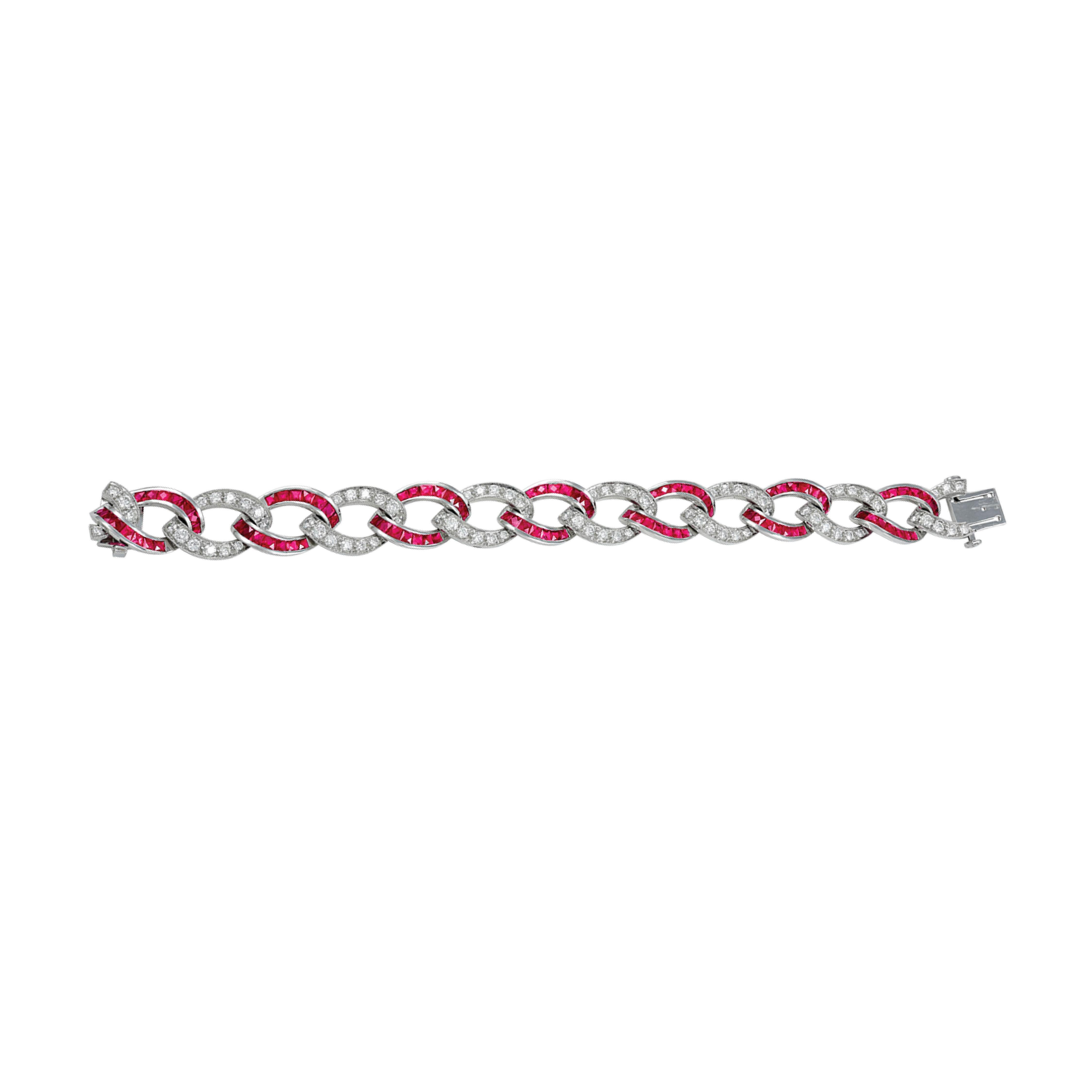 Round Cut Sophia D. Diamond and Ruby Platinum Link Bracelet For Sale