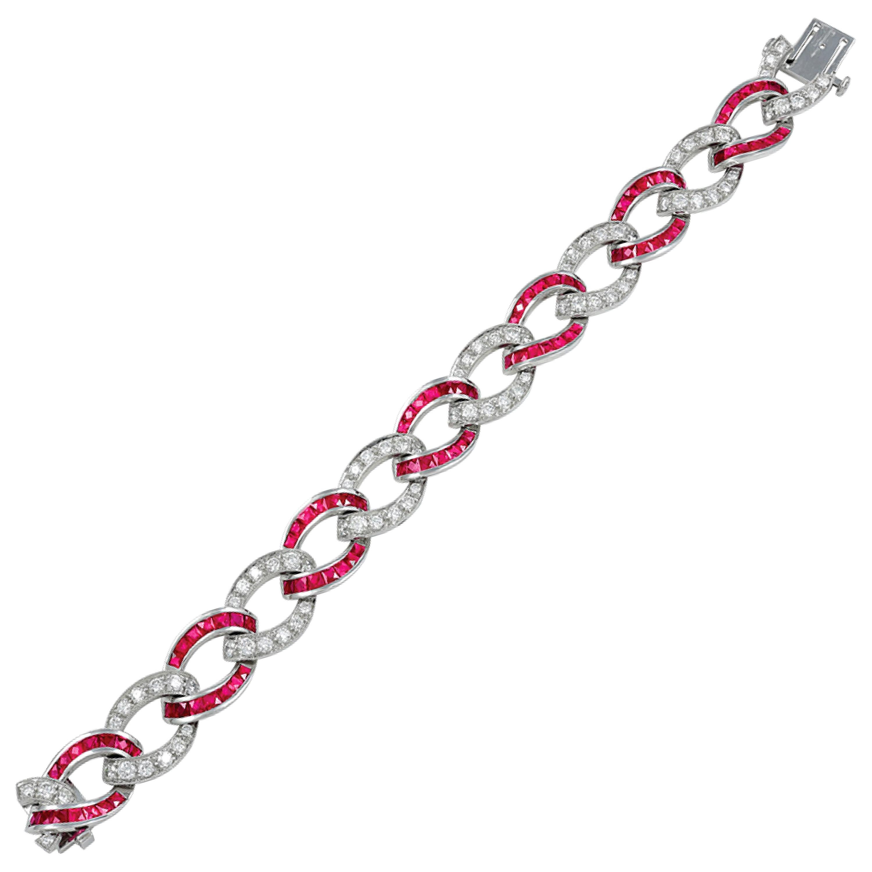 Sophia D. Diamond and Ruby Platinum Link Bracelet For Sale