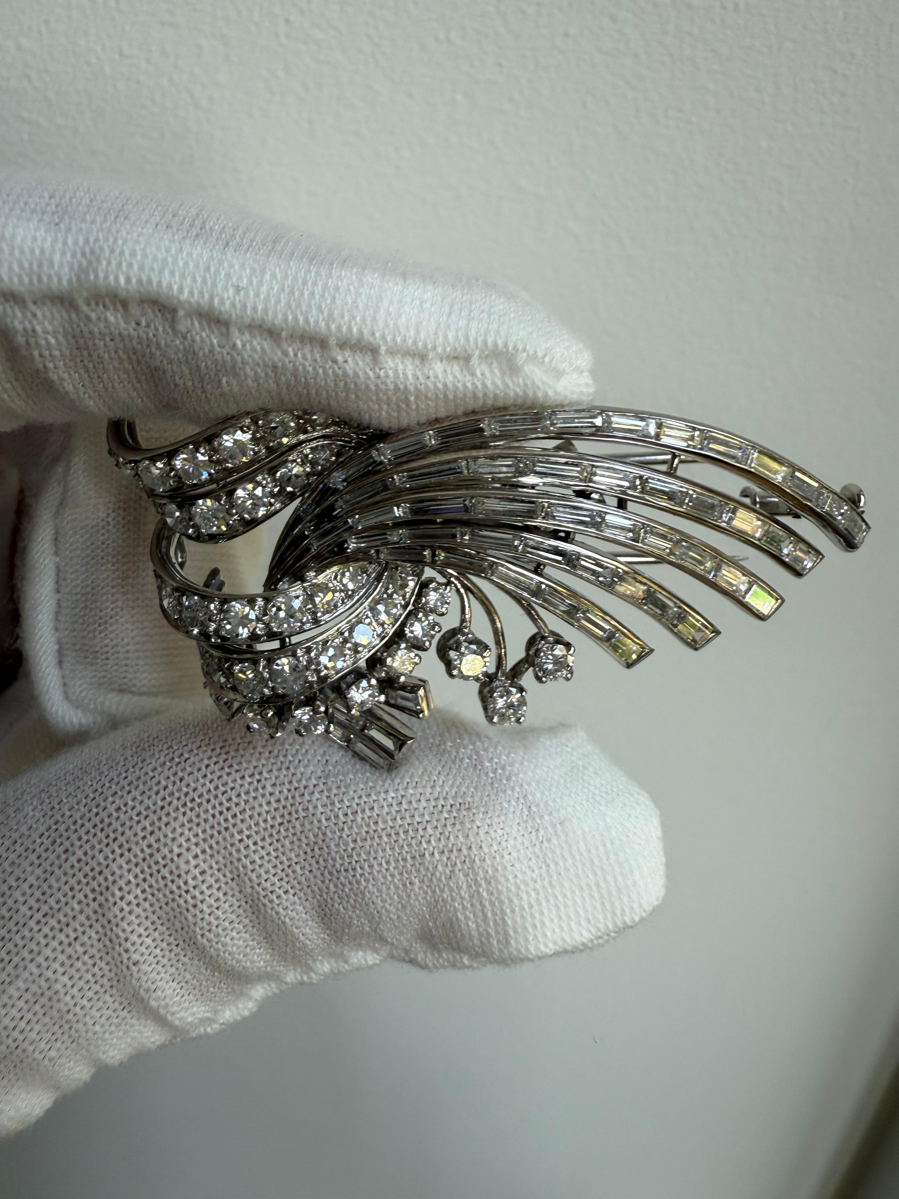 Baguette Cut Stunning Platinum Diamond Spray Wings Brooch - 5.16ct. For Sale