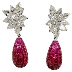 Stunning Platinum Earrings with 53.30cts of Ruby and 10.12cts Marquise Diamond
