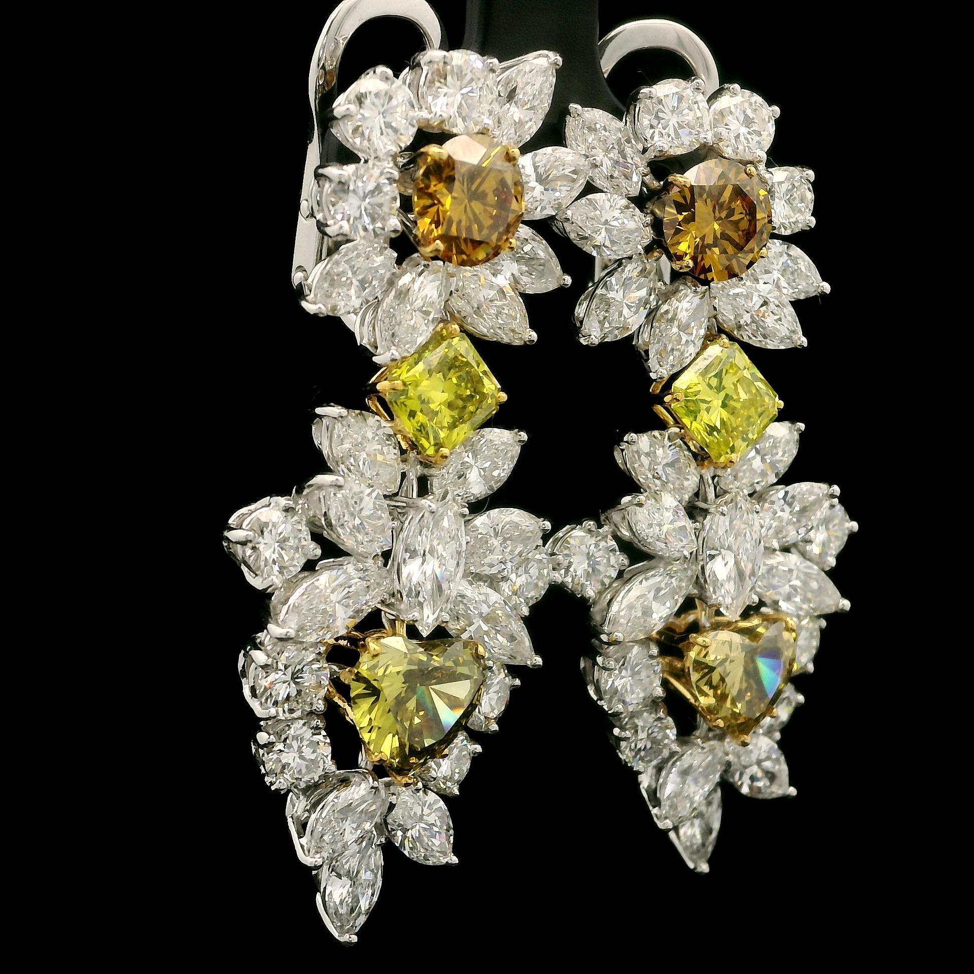 Neue benutzerdefinierte handgefertigte Körbe GIA 19,96 Multi geformt Fancy farbigen Diamanten Dangle Drop Ohrringe

--Stein(e):--
(6) Natürliche echte Diamanten - Runder Brillant-, Strahlen- & Herzschliff - Zinkenbesatz - Sehr schöne feurige