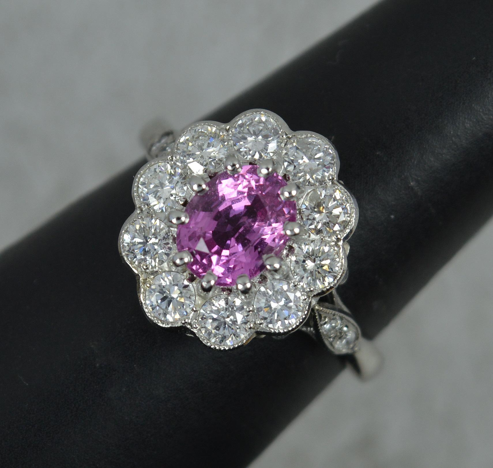 Stunning Platinum Pink Sapphire and Diamond Engagement Cluster Ring For Sale 5