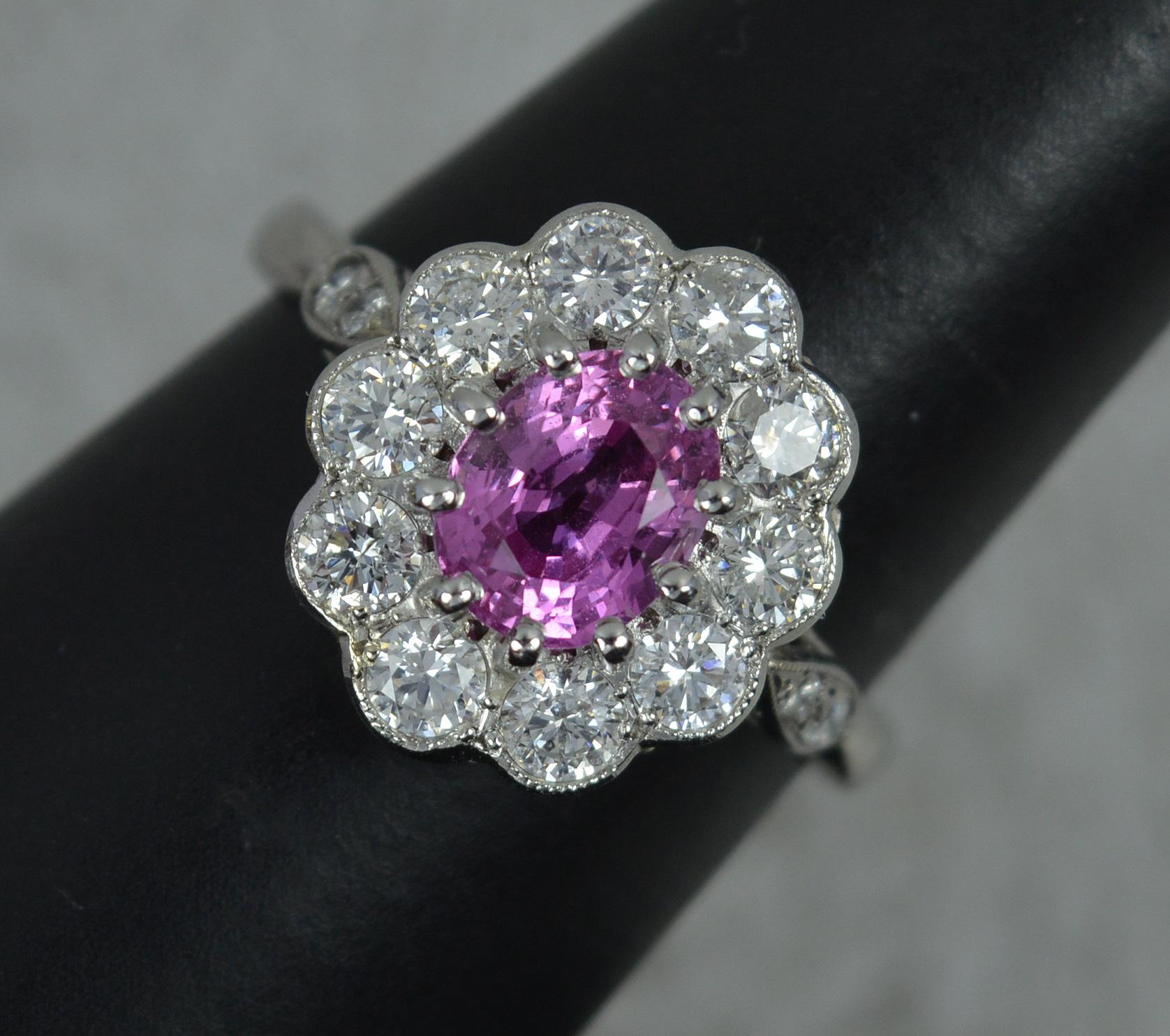 Stunning Platinum Pink Sapphire and Diamond Engagement Cluster Ring For Sale 6