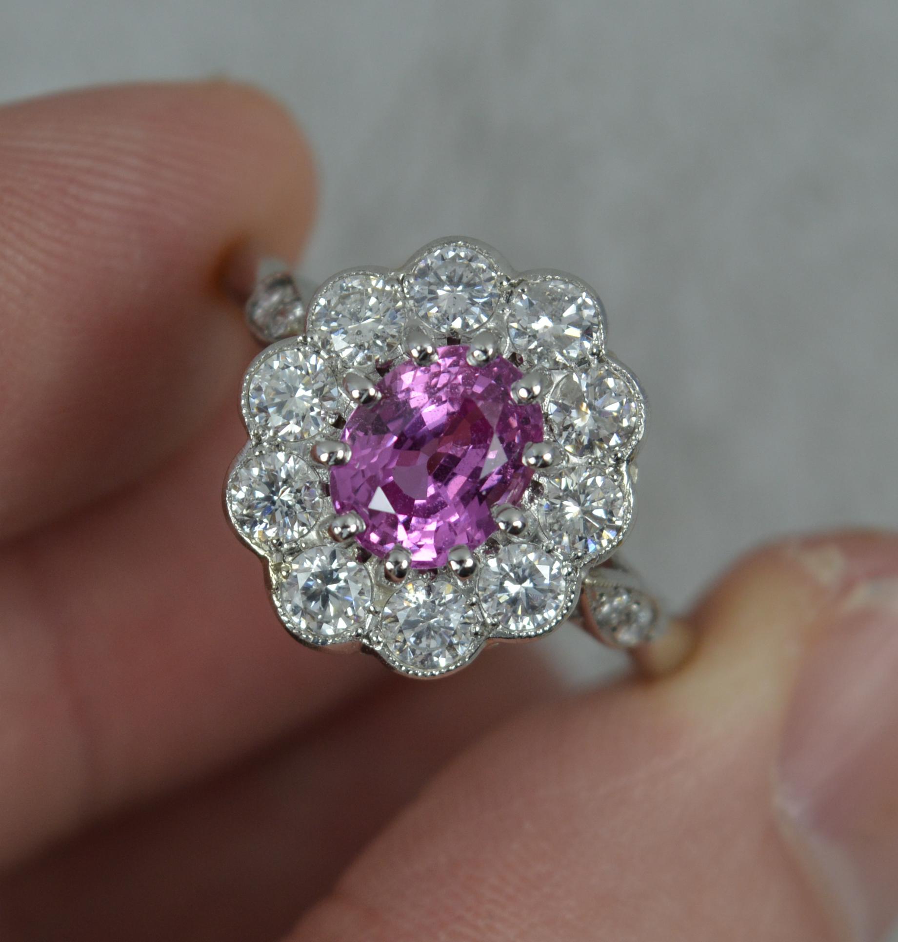 Women's Stunning Platinum Pink Sapphire and Diamond Engagement Cluster Ring For Sale