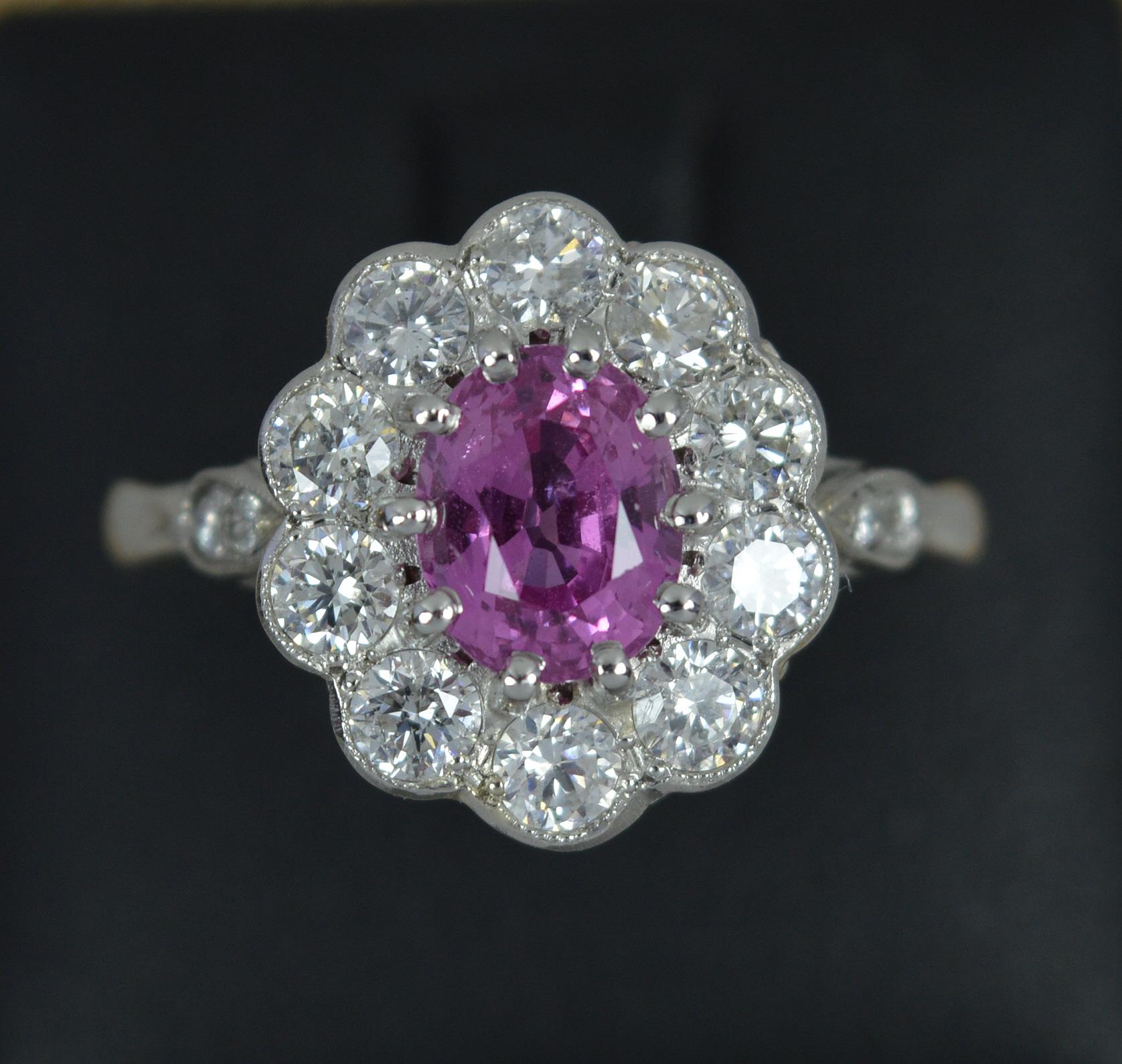 Stunning Platinum Pink Sapphire and Diamond Engagement Cluster Ring For Sale 1