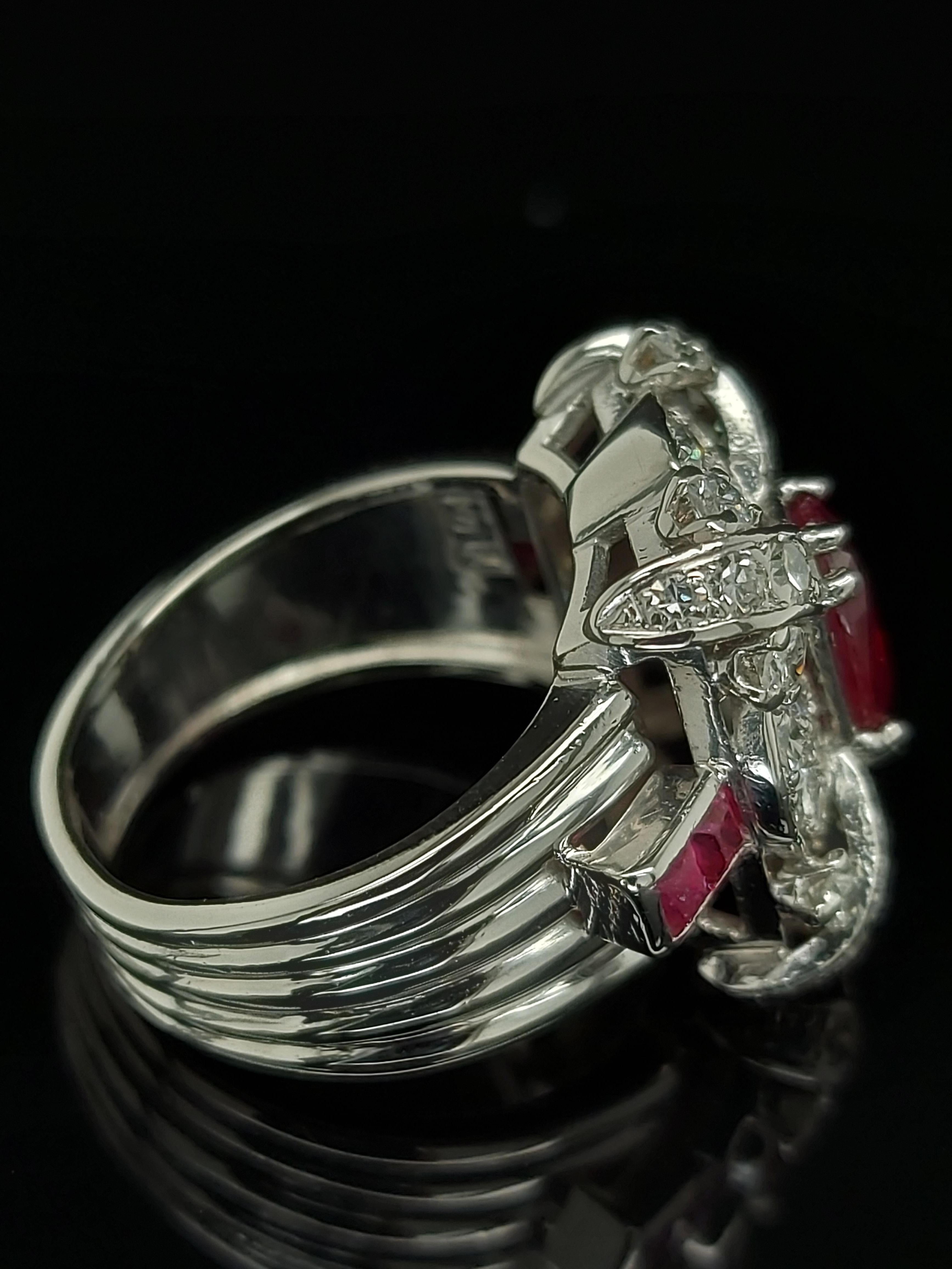 Stunning platinum ring with 1.14 ct ruby and ca.2ct  diamonds 

Diamonds: 44 eight cut round diamonds ca.2 ct 

Ruby: 1,14 ct

Material: Solid Platinum

Total weight: 11,7 grams / 0.415 oz / 7.5 dwt

Ring size 52 ( free resizing)

Measurements: 19.5