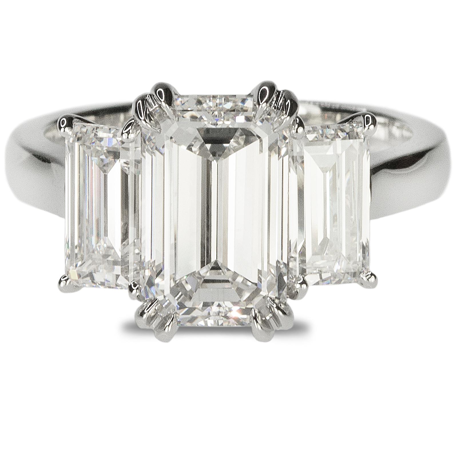Stunning Platinum Three Emerald Cut Diamond Ring 2