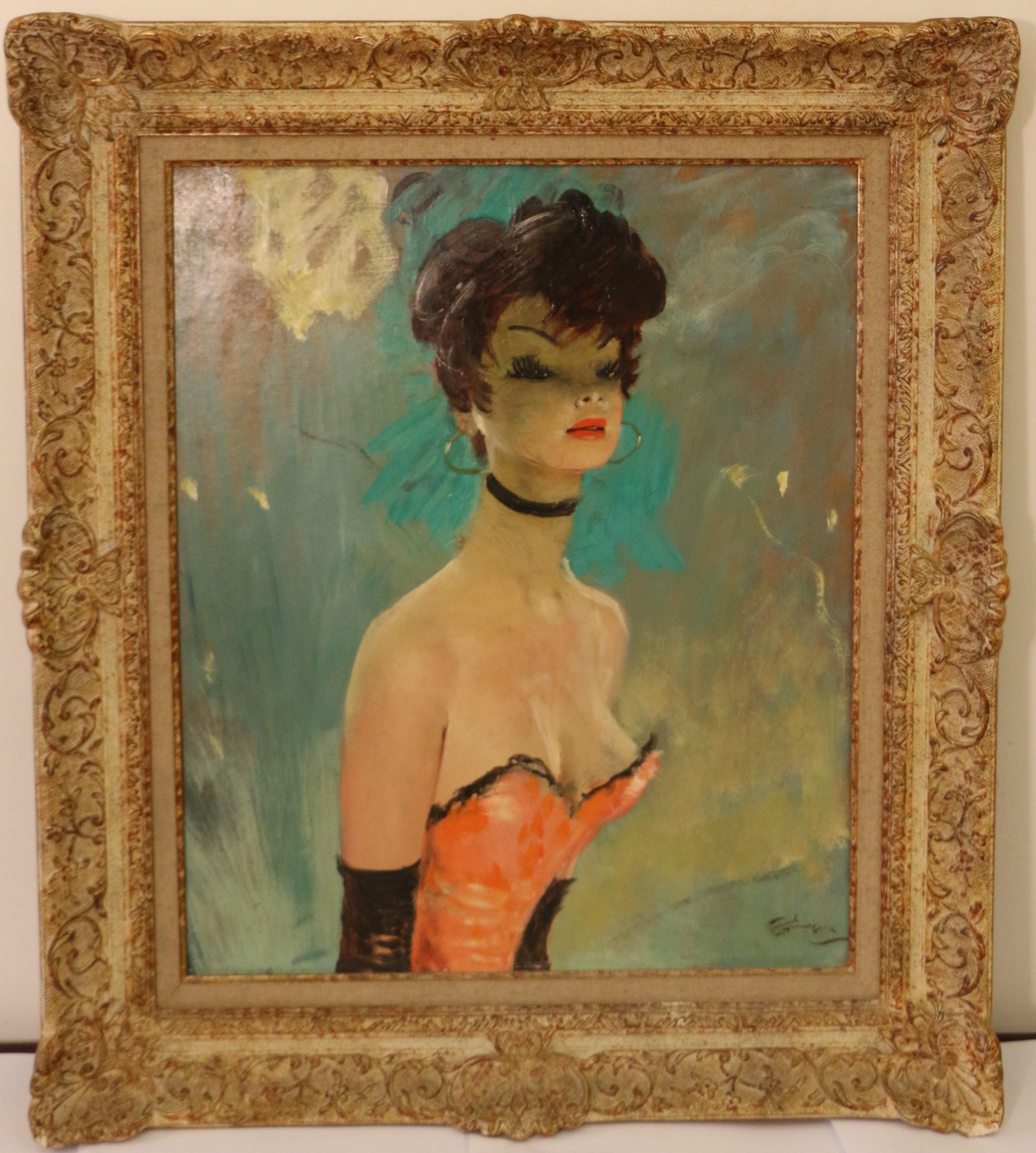 Dieses beeindruckende Porträt von Caroline stammt von Jean Gabriel Domergue (1889-1962). Es wurde um 1950 gemalt. Öl auf Hartfaserplatte. Es hat eine große Abmessung von 65 x 54cm:: Unterzeichnet unten rechts. Rückseitig betitelt 