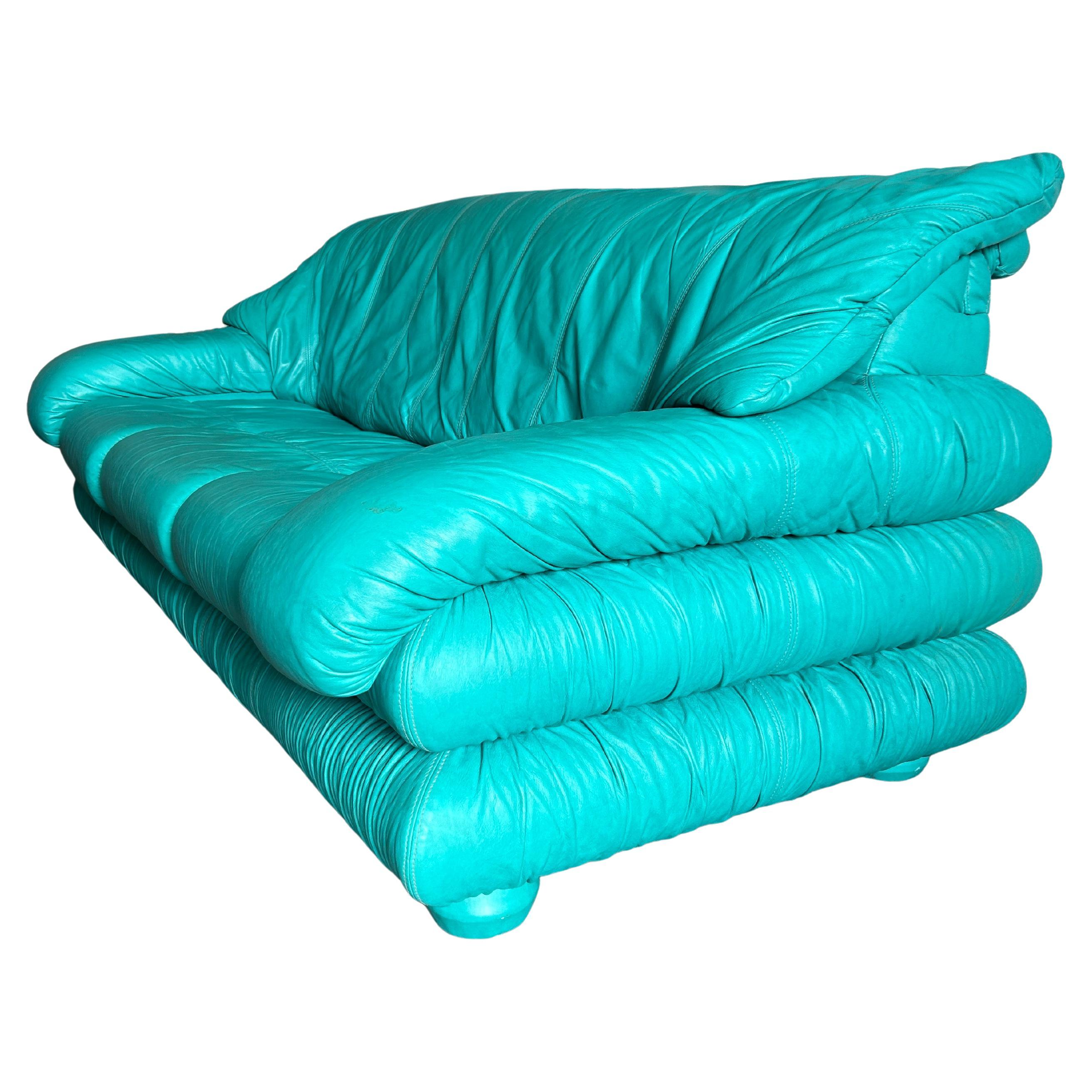 Post-Modern Stunning Post modern 1980s Teal leather puffy pillow ruffled 3 seat sofa Italy
