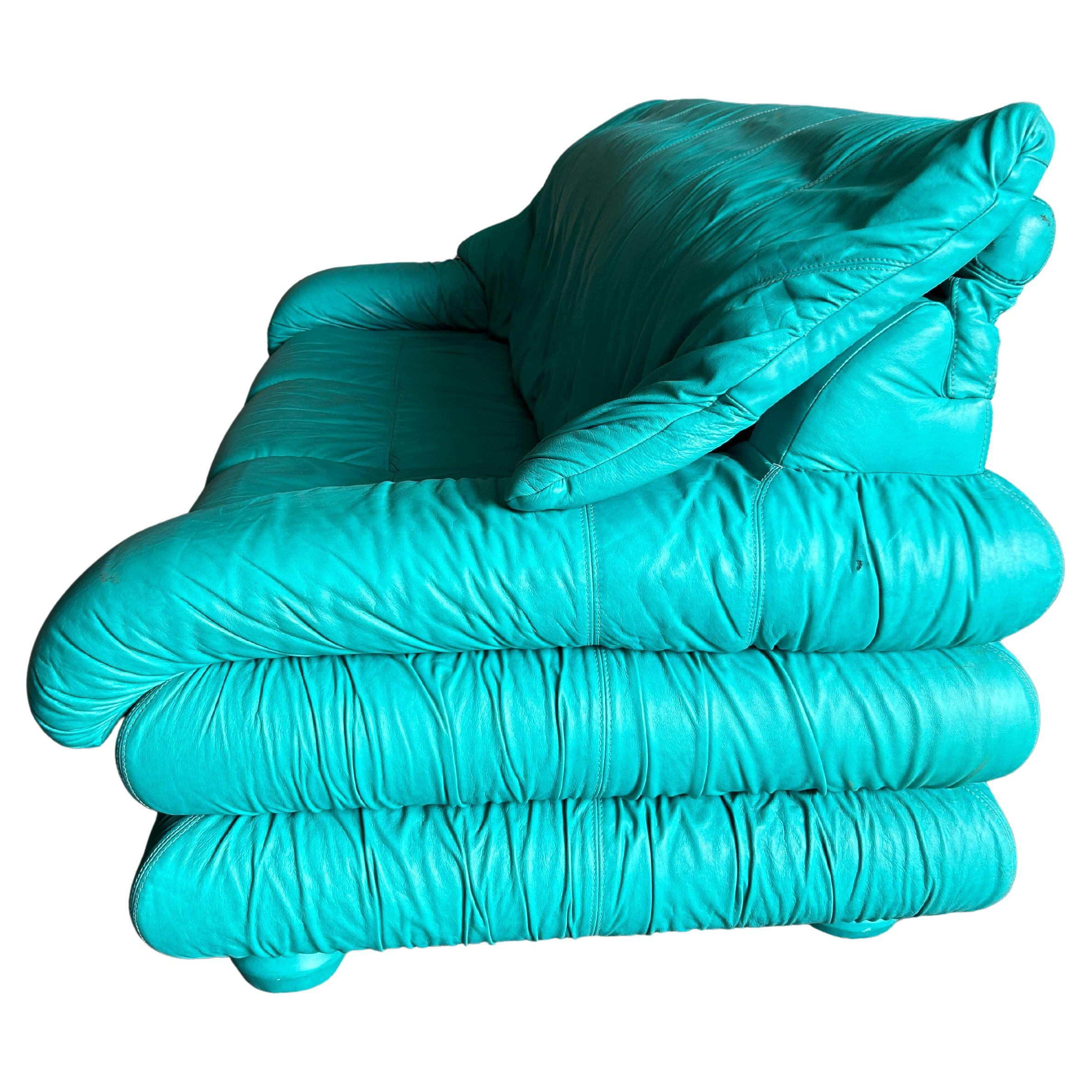 Italian Stunning Post modern 1980s Teal leather puffy pillow ruffled 3 seat sofa Italy