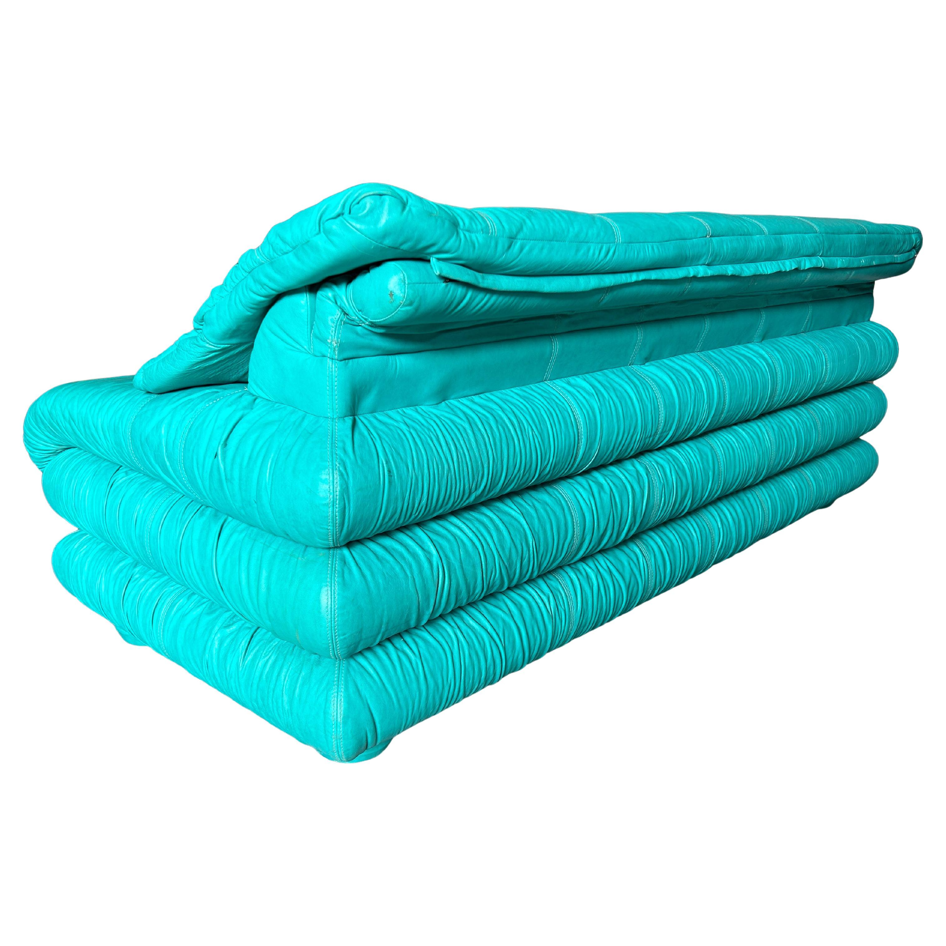 Woodwork Stunning Post modern 1980s Teal leather puffy pillow ruffled 3 seat sofa Italy