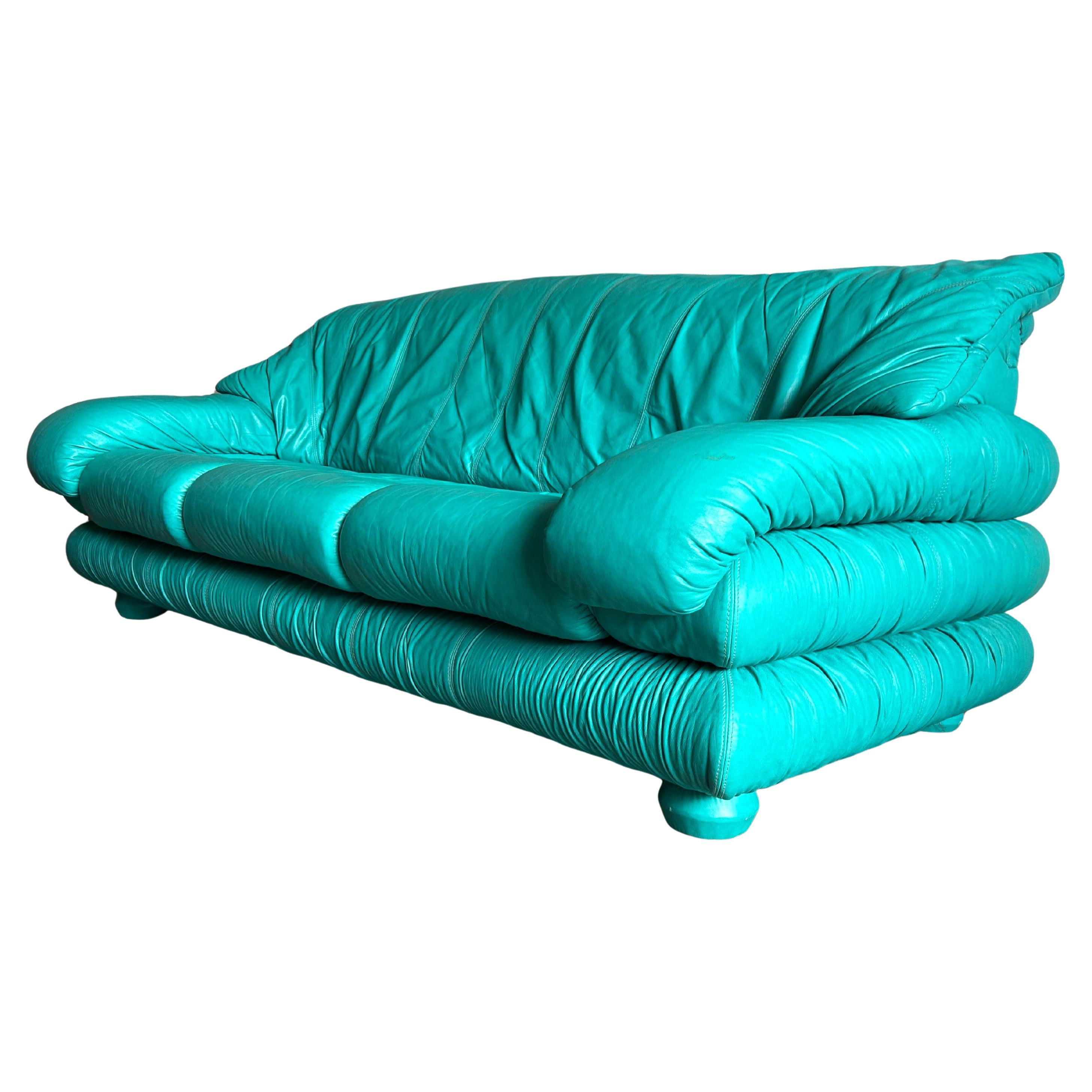 Late 20th Century Stunning Post modern 1980s Teal leather puffy pillow ruffled 3 seat sofa Italy