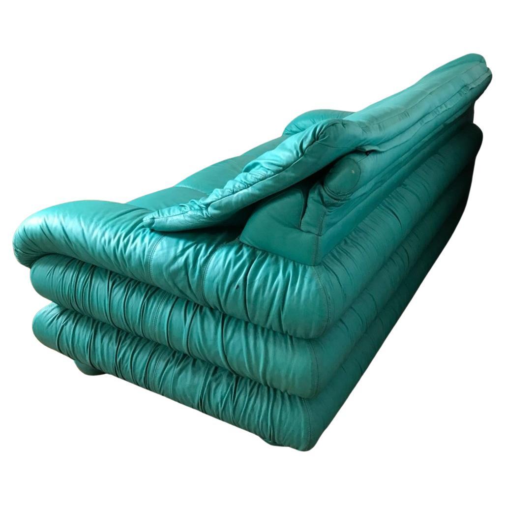Leather Stunning Post modern 1980s Teal leather puffy pillow ruffled 3 seat sofa Italy