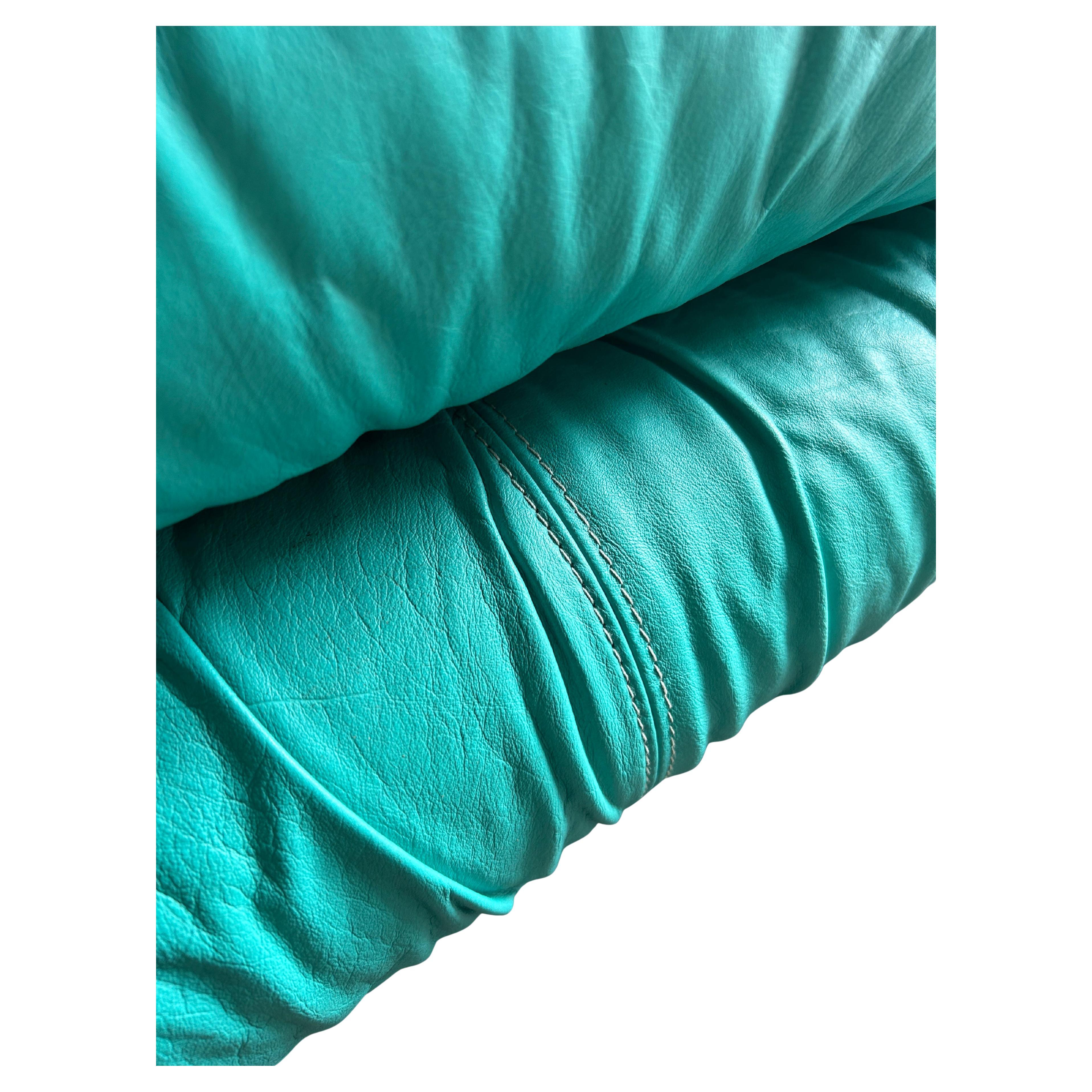 Stunning Post modern 1980s Teal leather puffy pillow ruffled 3 seat sofa Italy 1