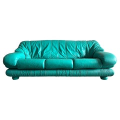 Stunning Post modern 1980s Teal leather puffy pillow ruffled 3 seat sofa Italy
