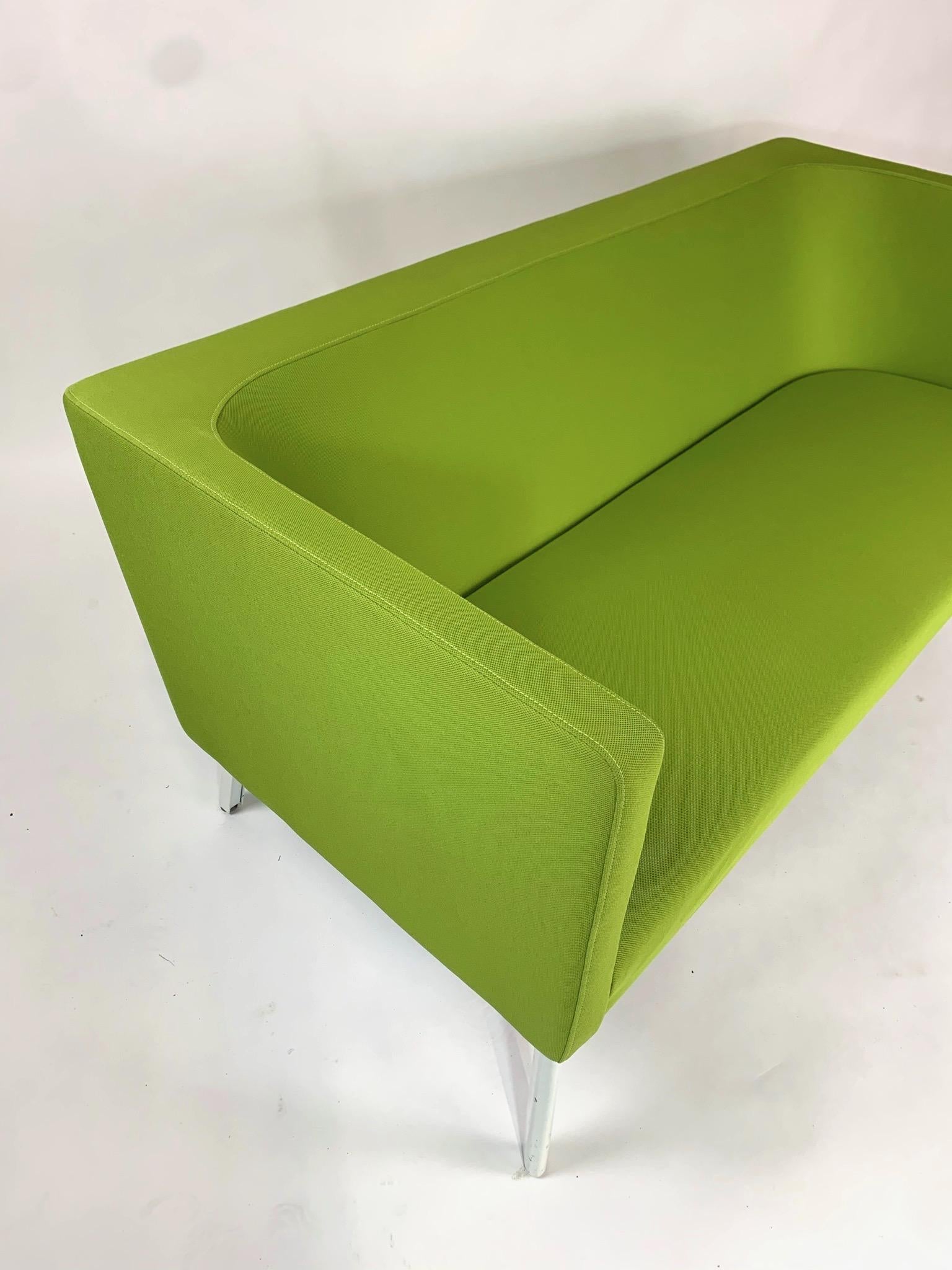 Green Steelcase Postmodern style sofa in fabulous natural leaf green color. This listing is for the green sofa in the photos. This piece is incredible comfortable and heavy in weight. Perfect for residential or commercial applications.
  