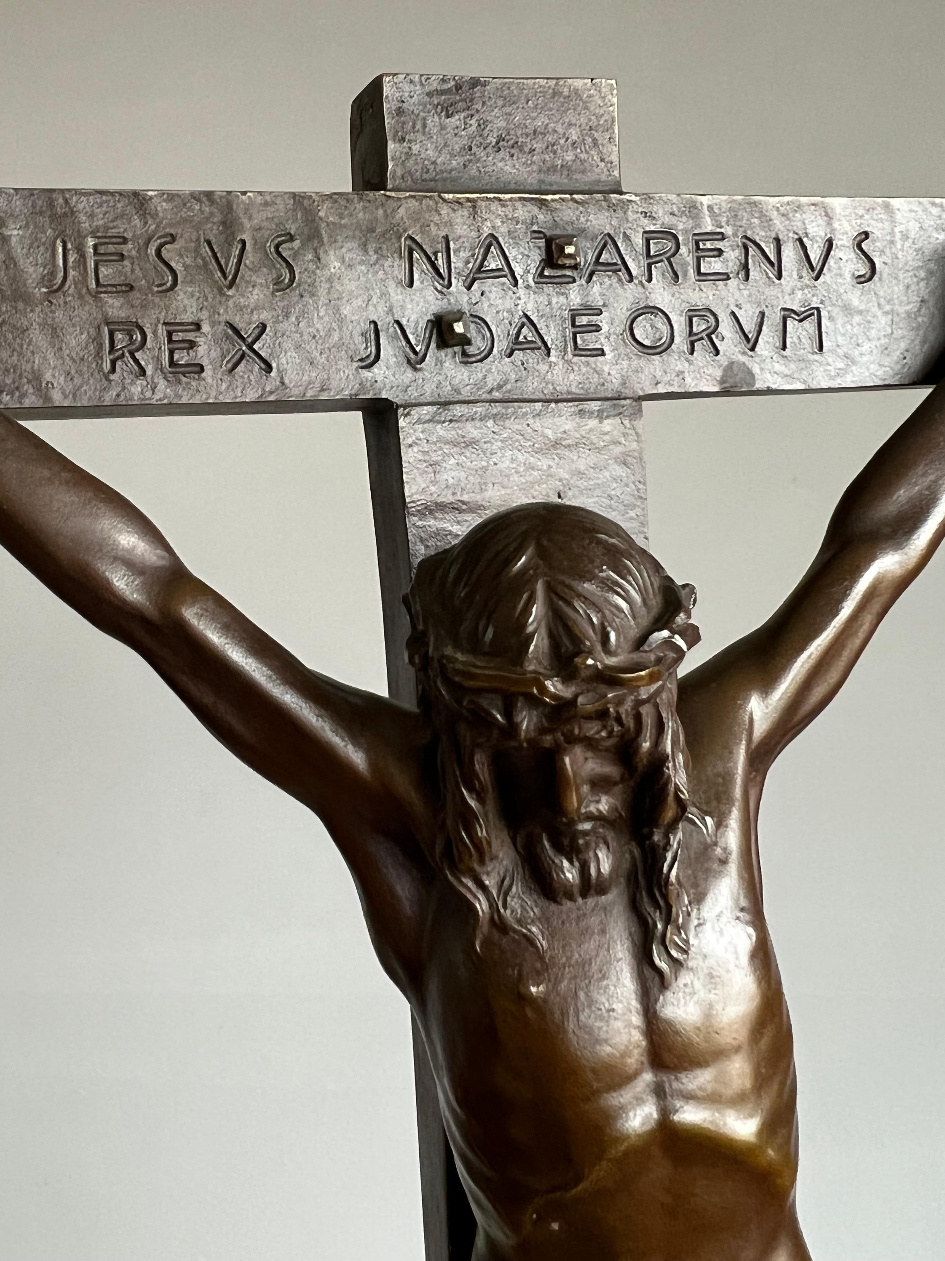 Stunning & Powerful Altar Crucifix with Detailed Bronze Sculpture of Christ 1912 For Sale 3