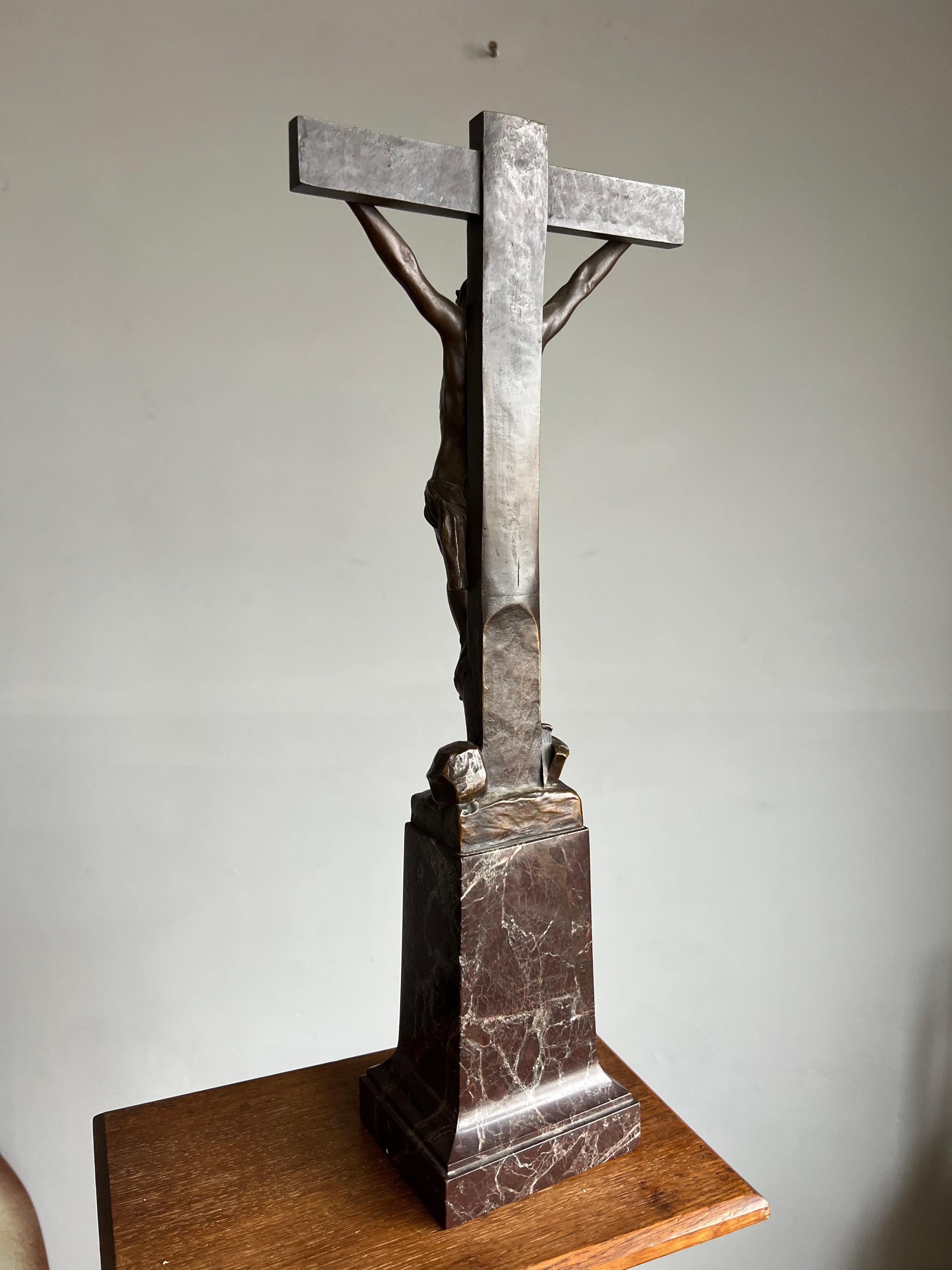 Stunning & Powerful Altar Crucifix with Detailed Bronze Sculpture of Christ 1912 For Sale 5