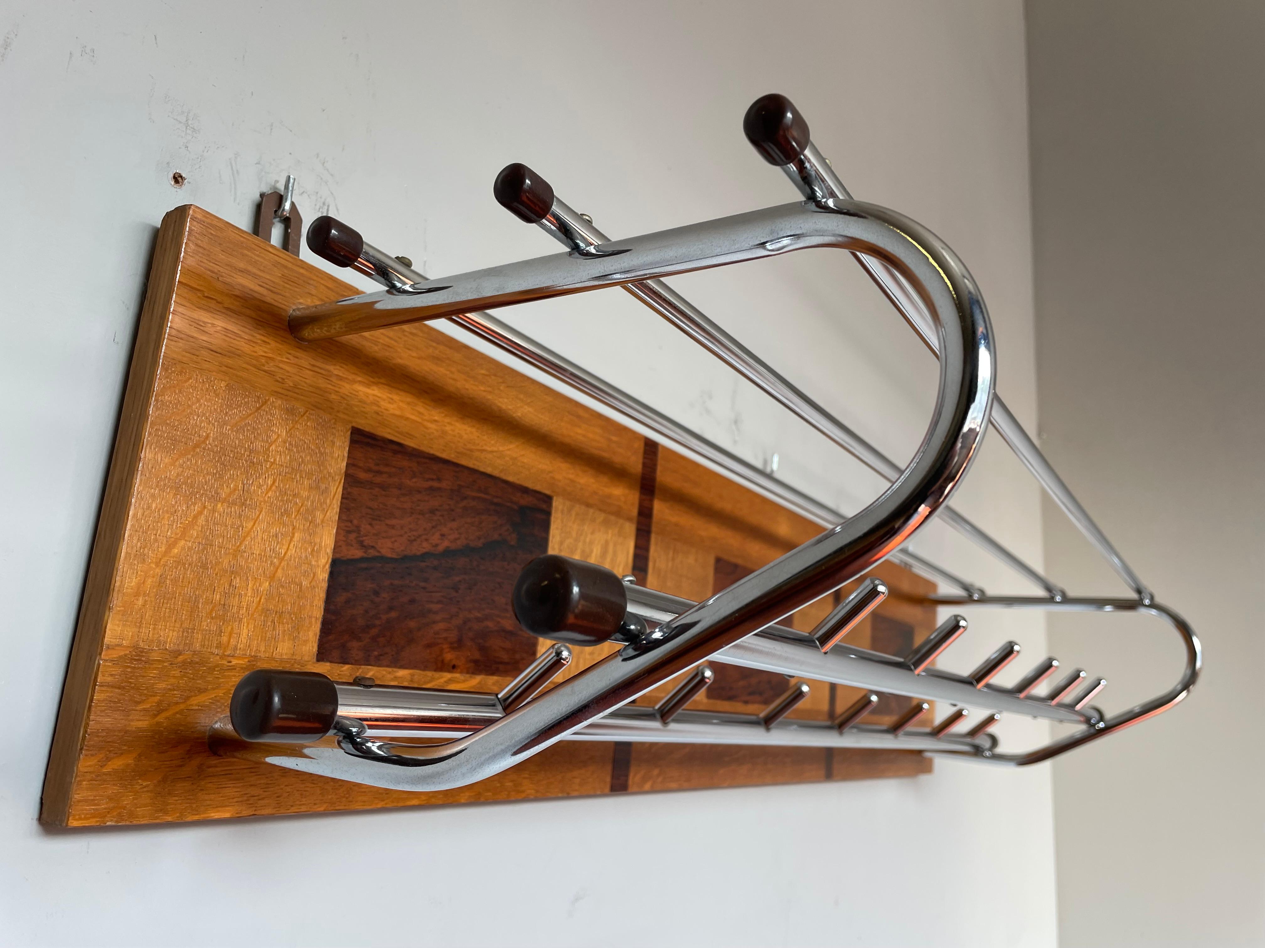 European Stunning & Practical Midcentury Modern Wood & Chrome-Steel Wall Coat Rack 1960s For Sale