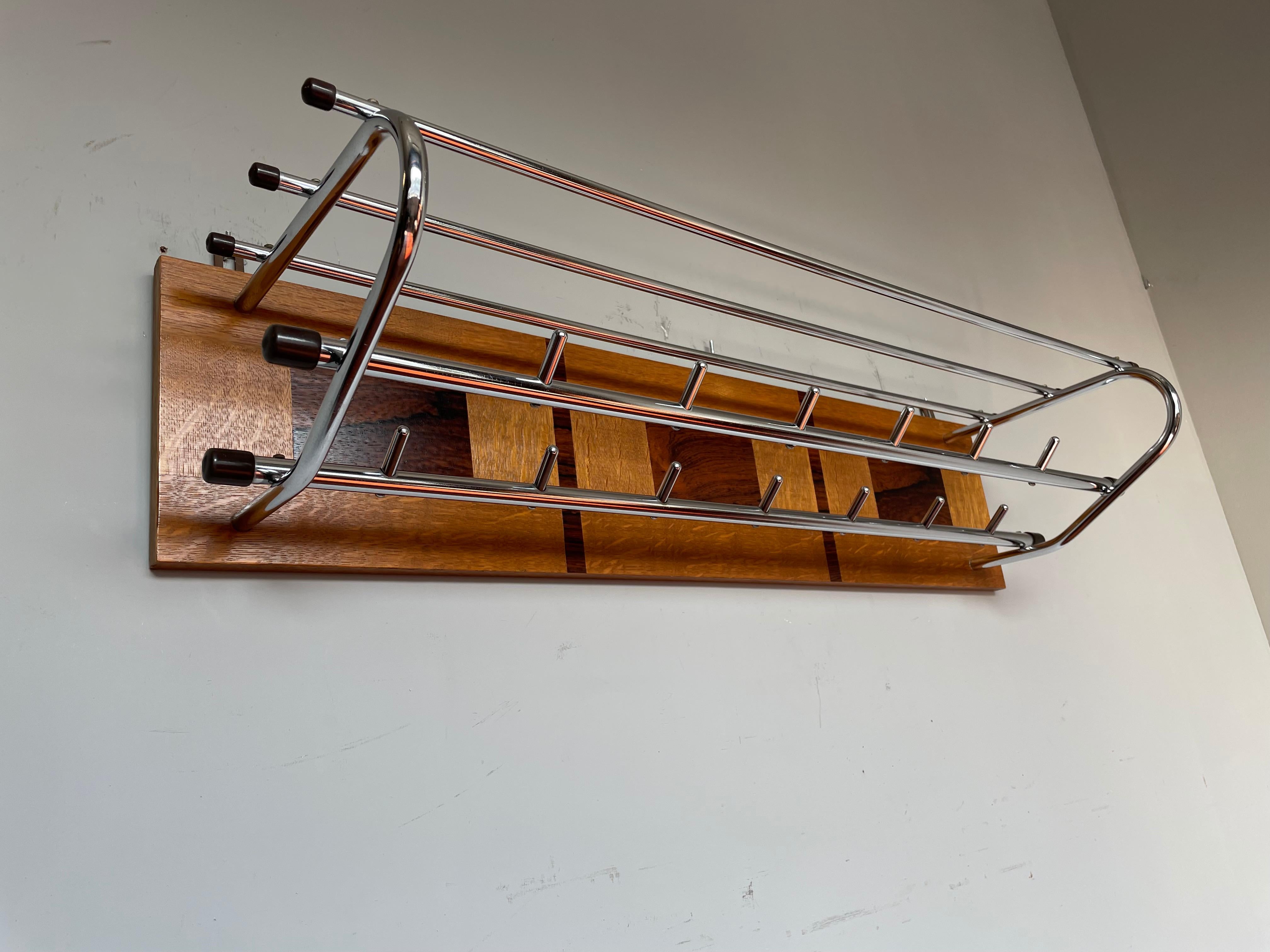 Stunning & Practical Midcentury Modern Wood & Chrome-Steel Wall Coat Rack 1960s In Excellent Condition For Sale In Lisse, NL