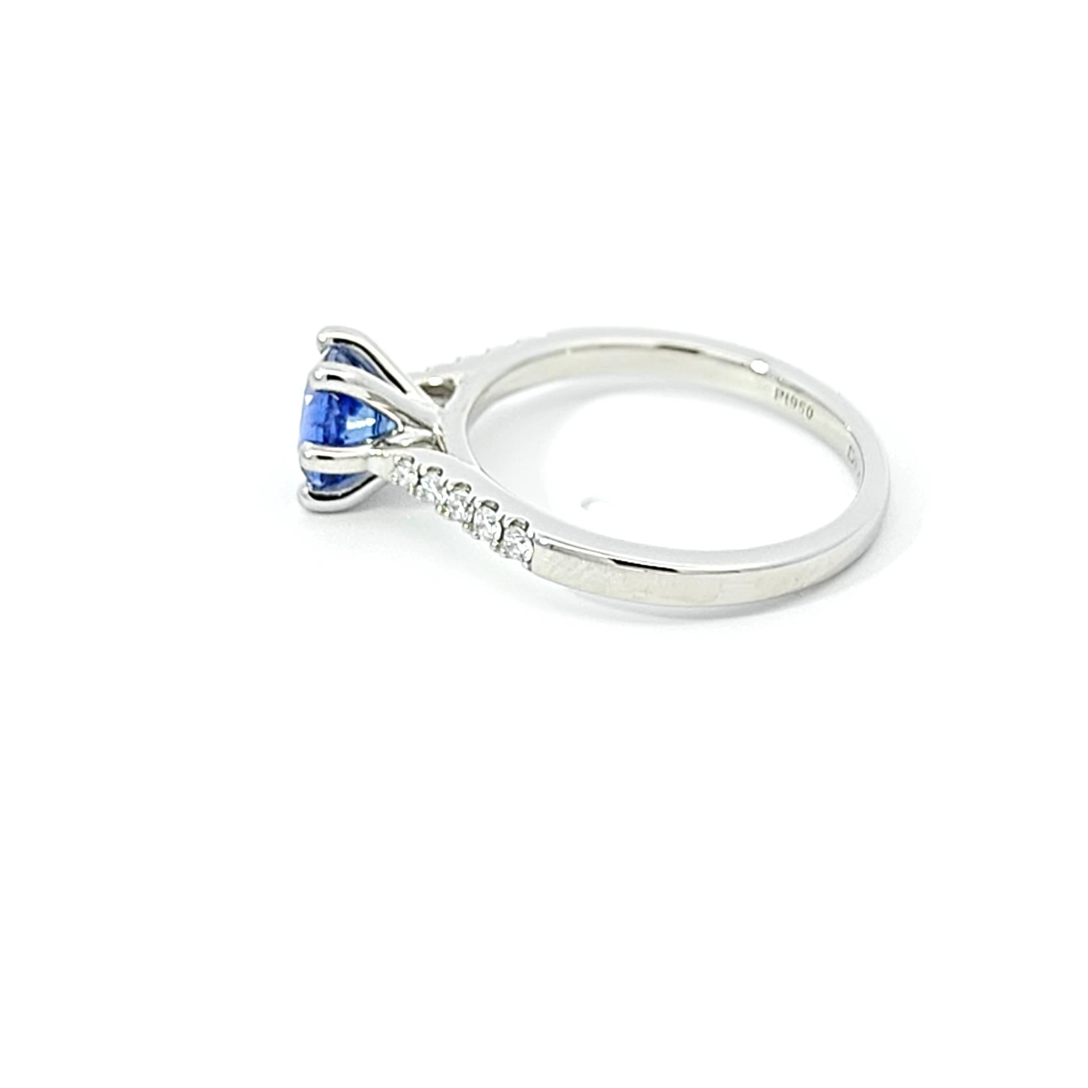 Round Cut Stunning PT950 Ring with Ceylon Blue Sapphire and White Diamonds. Certified