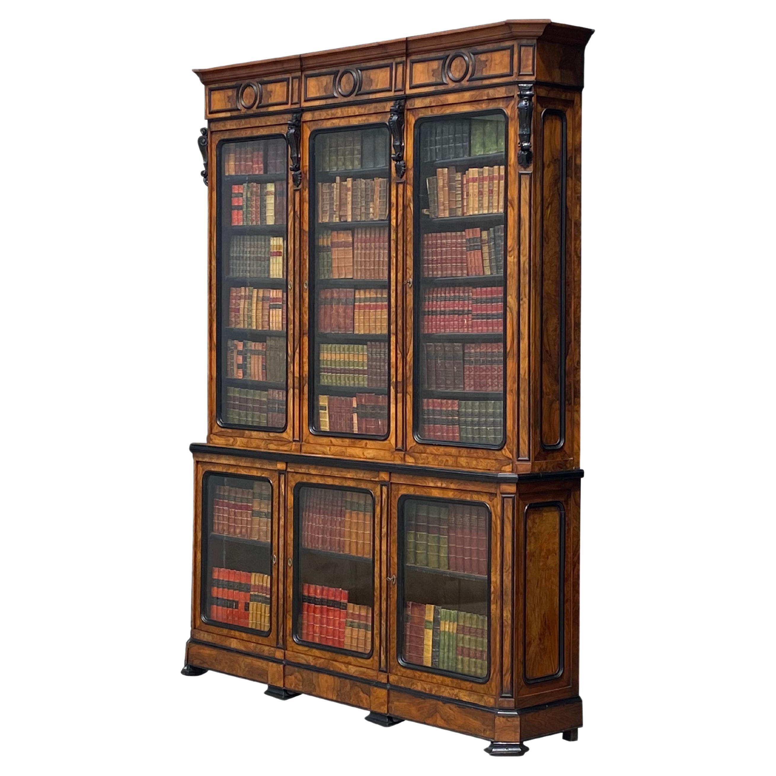 Stunning quality 19th Century French Walnut & Ebony Library Bookcase For Sale