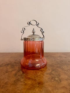 Stunning quality antique Edwardian cranberry glass biscuit barrel