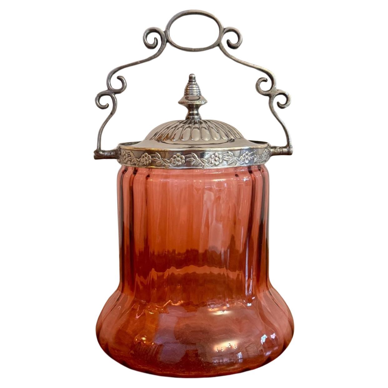 Stunning quality antique Edwardian cranberry glass biscuit barrel