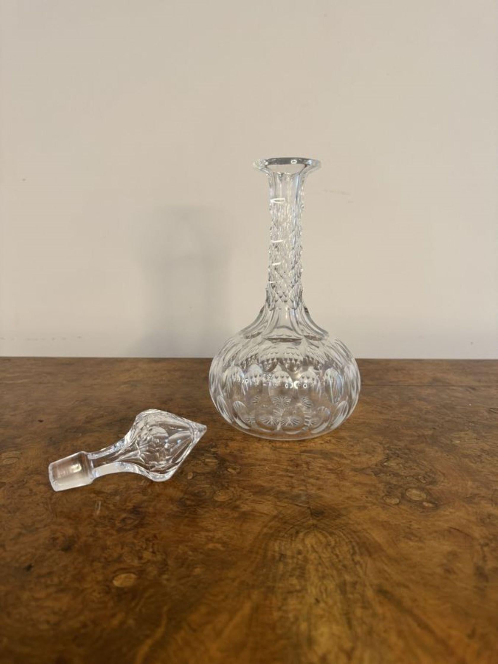 Stunning quality antique Edwardian cut glass decanter having a quality antique Edwardian cut glass decanter with fantastic cut glass detail and the original shaped cut glass stopper.

D. 1900