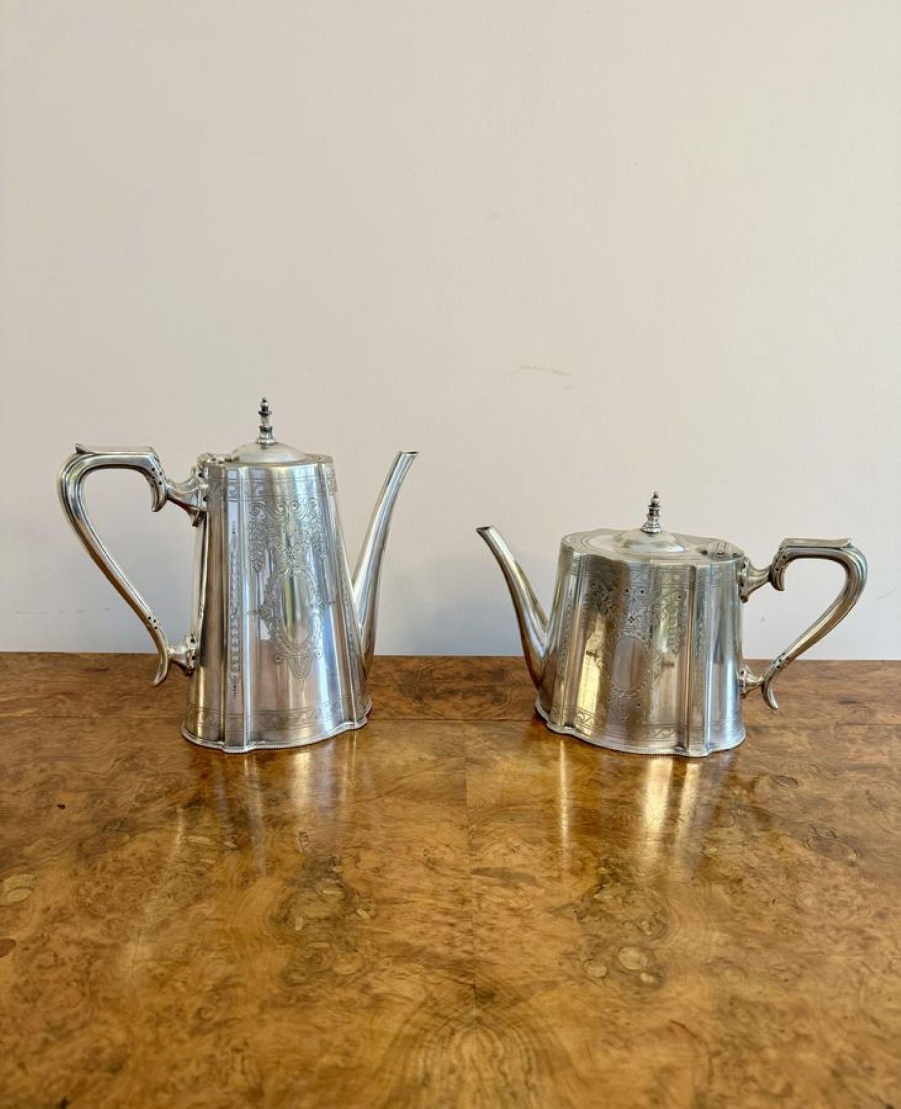 Stunning quality antique Edwardian four piece tea set by Walker and Hall, Having quality engraving to this four piece silver plated tea set consisting of a hot water jug, tea pot, sugar bowl and a milk jug. Stamped to base. 

D. 1900