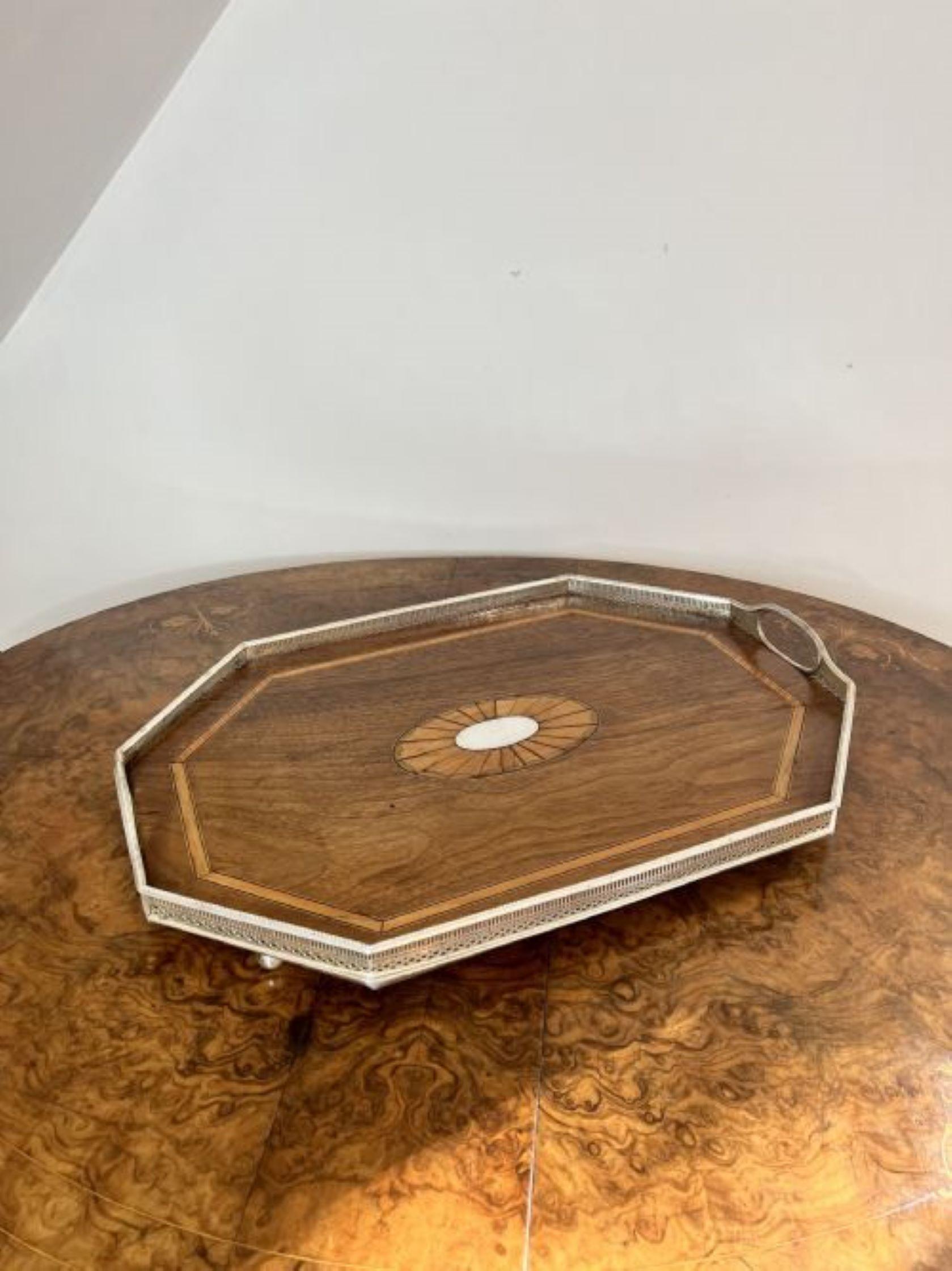Stunning quality antique Edwardian silver plated inlaid tray having a silver plated gallery edge with a handle to both sides with a mahogany and satinwood inlaid tray with a silver plated centre raised on four ball feet. 