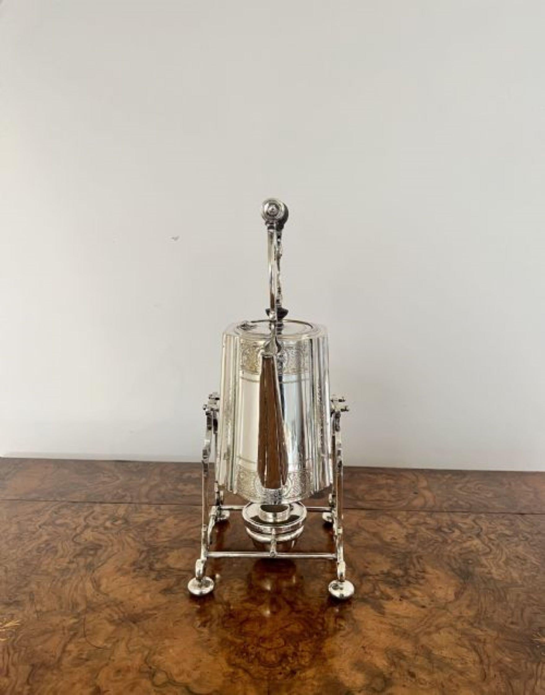 Stunning quality antique Edwardian silver plated spirit kettle on a stand having a stunning quality antique Edwardian spirit kettle on the original stand, lovely shaped handle to the top, having the original burner to the base of the stand with