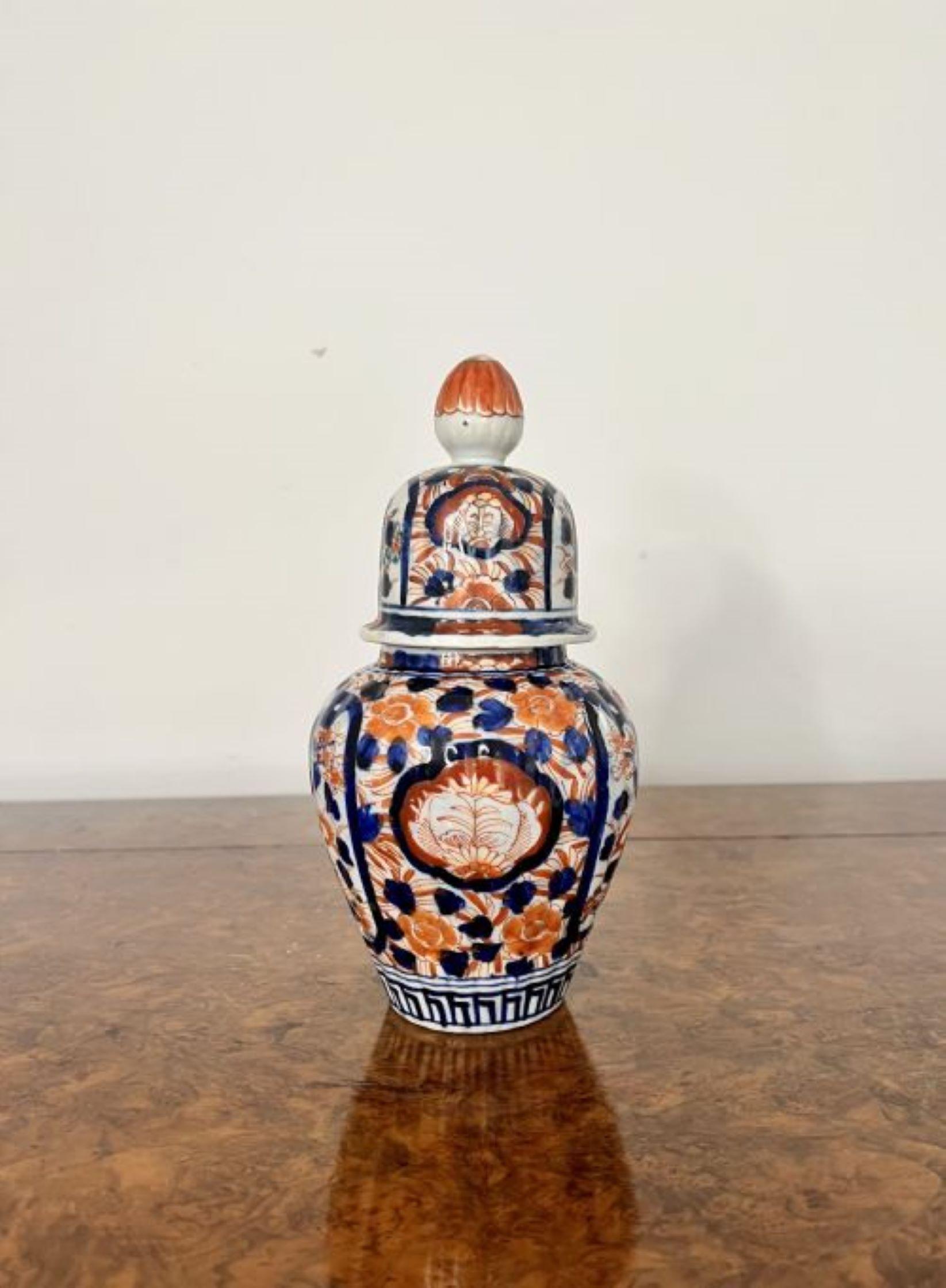 Stunning quality antique Japanese imari lidded vase having a fantastic quality antique Japanese imari vase with a removable lid, decorated throughout with flowers, scrolls and trees, hand pained in wonderful blue, red and white colours. 