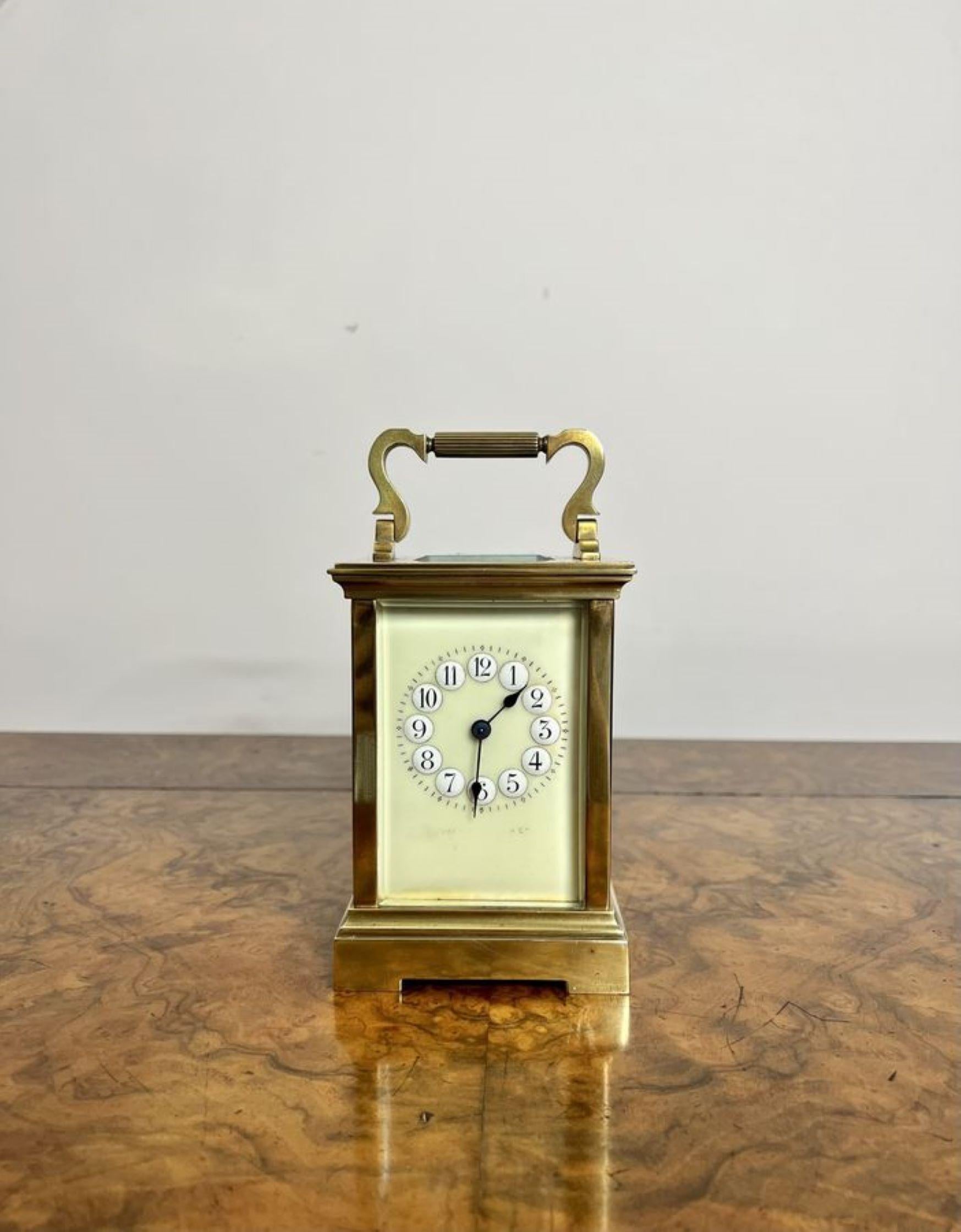 Stunning quality antique large French brass carriage clock, having a quality brass case with glass panels and a handle to the top, Lovely unusual porcelain dial, 8 day movement with the original hands. 

D. 1890