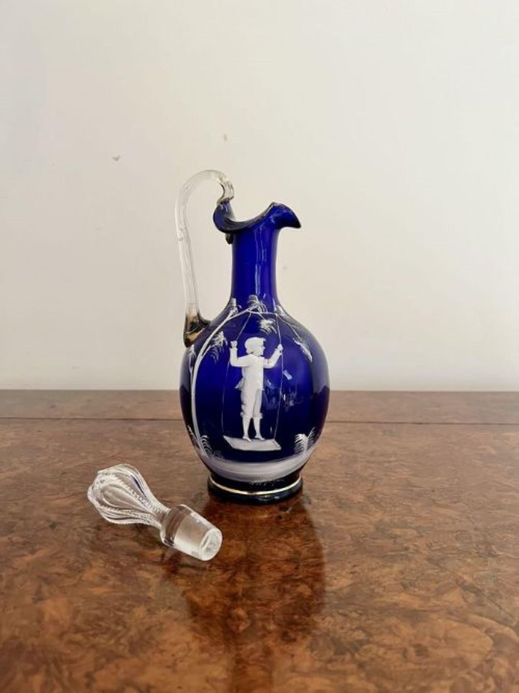 Stunning quality antique Mary Gregory blue glass decanter  In Good Condition For Sale In Ipswich, GB