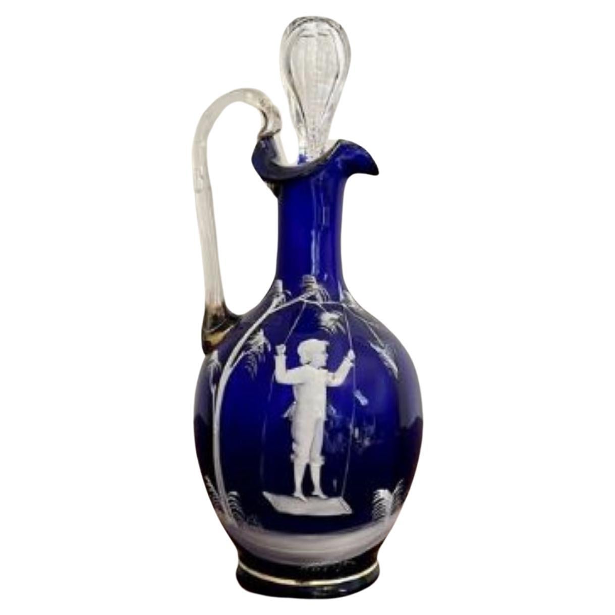 Stunning quality antique Mary Gregory blue glass decanter  For Sale