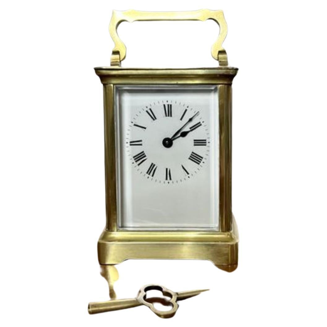 Stunning quality antique Victorian brass carriage clock having a quality brass carriage clock with an eight day French movement, bevelled edge, glass panels and a shaped carrying handle to the top.
All of our clocks are serviced prior to delivery we