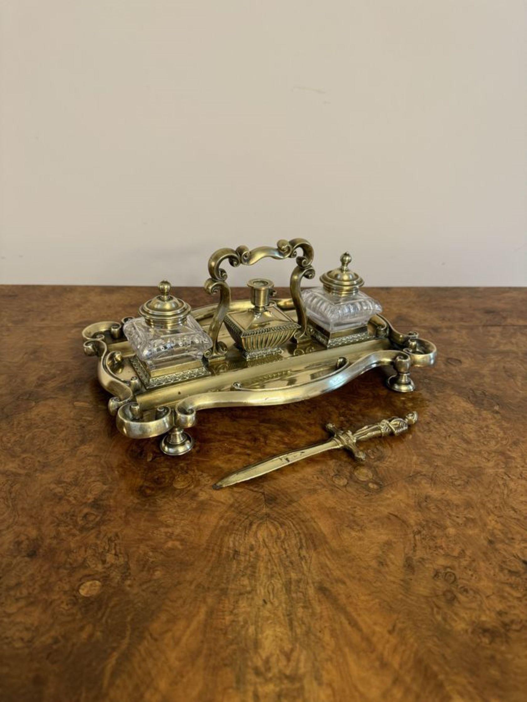Stunning quality antique Victorian brass desk set In Good Condition For Sale In Ipswich, GB