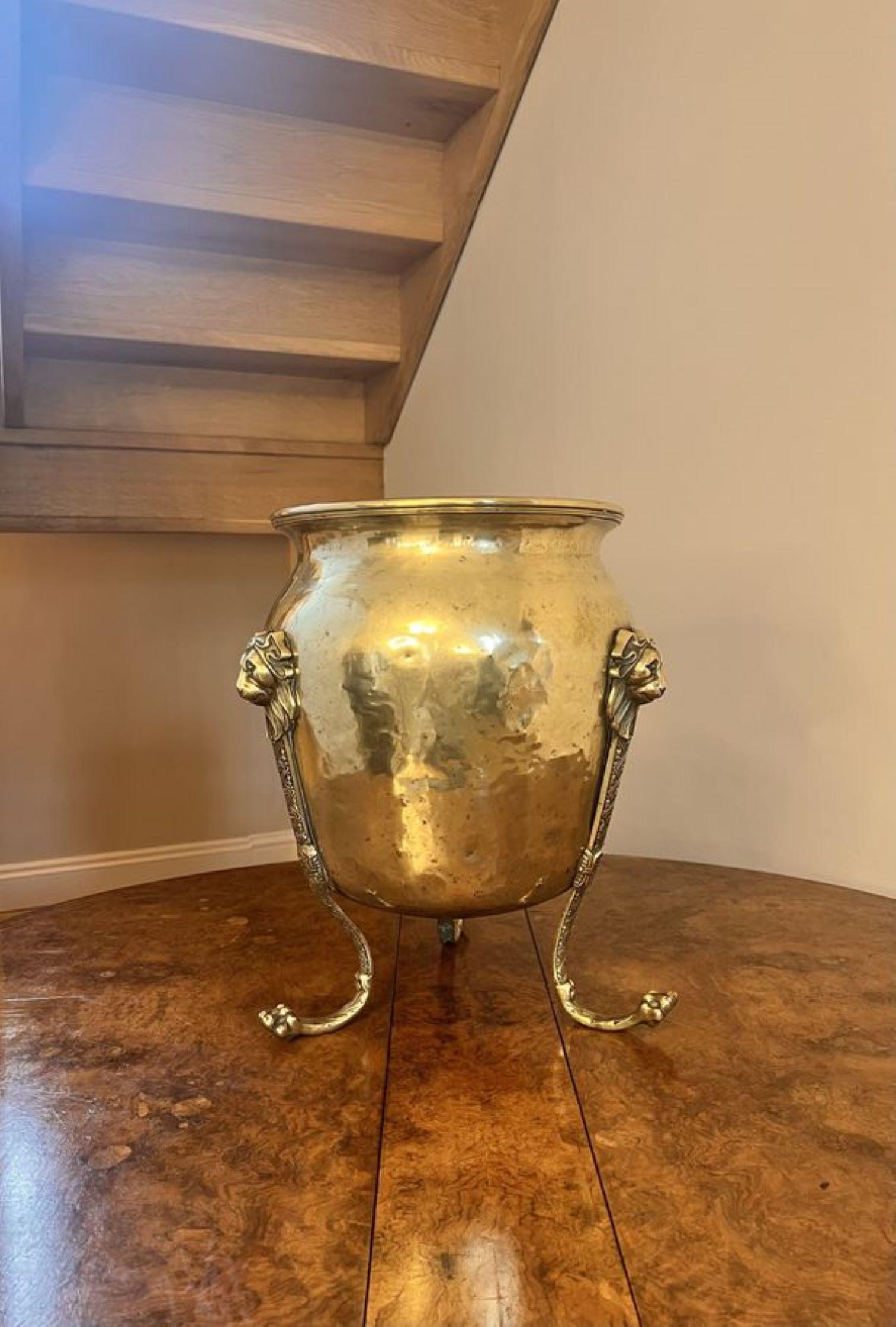 Stunning quality antique Victorian brass jardiniere, having a quality brass jardiniere raised on three shaped legs with paw feet and lion mask detail.

D. 1880