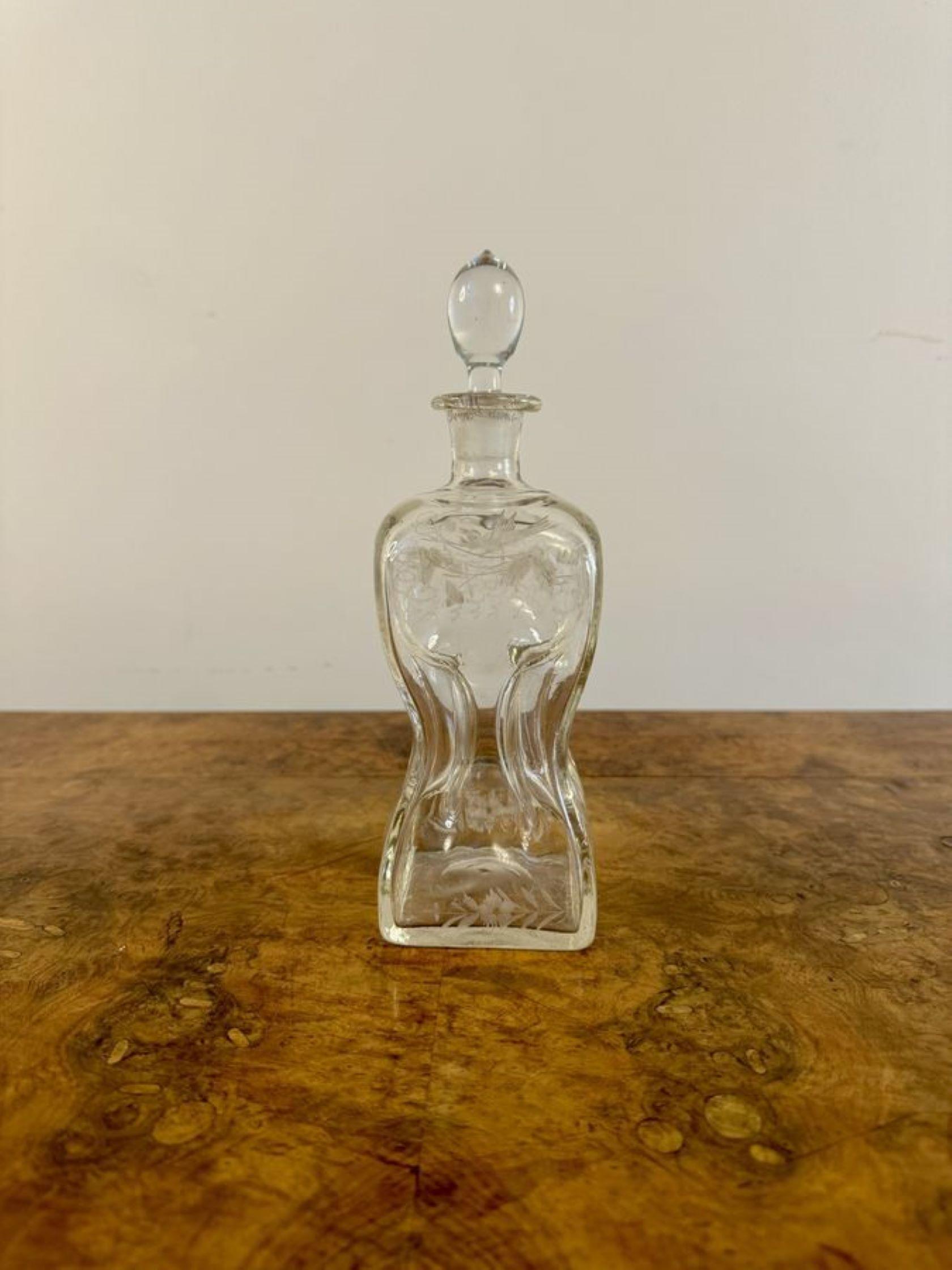Stunning quality antique Victorian hourglass shaped decanter having a quality antique Victorian decanter, with an hour glass shaped body with etched glass detail with birds, flowers and trees to the top and bottom, with the original glass