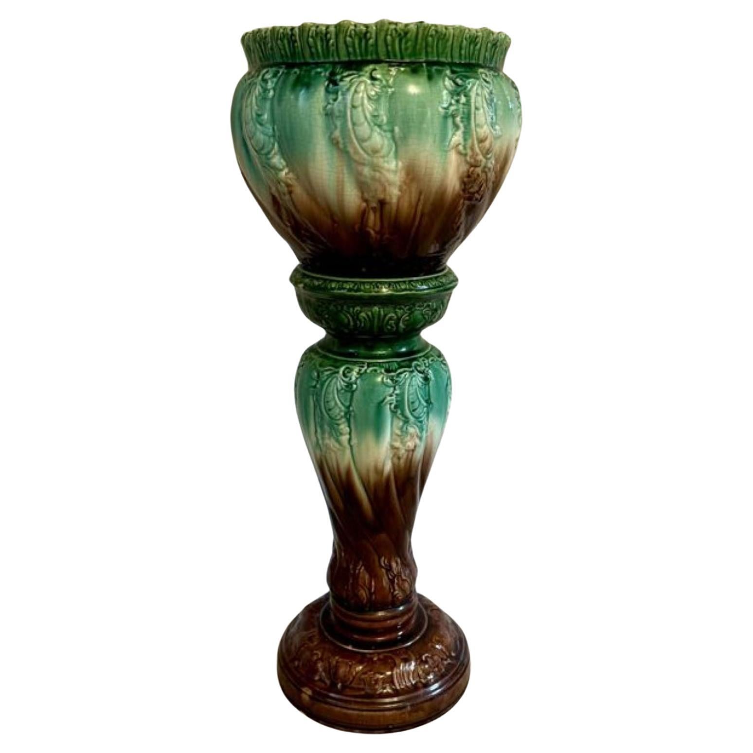 Stunning quality antique Victorian majolica jardiniere on a stand