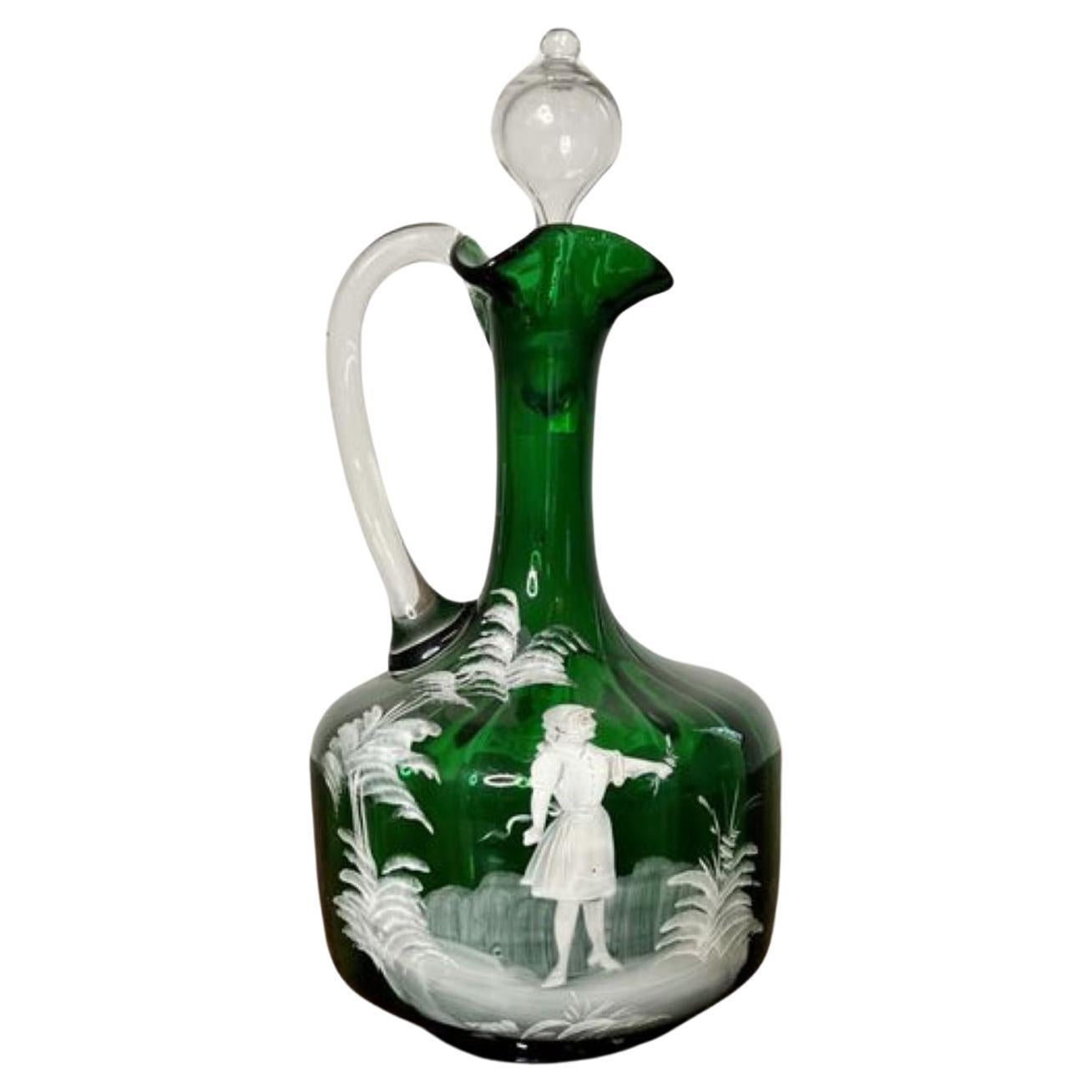 Impresionante aguamanil victoriano antiguo de cristal verde de Mary Gregory 