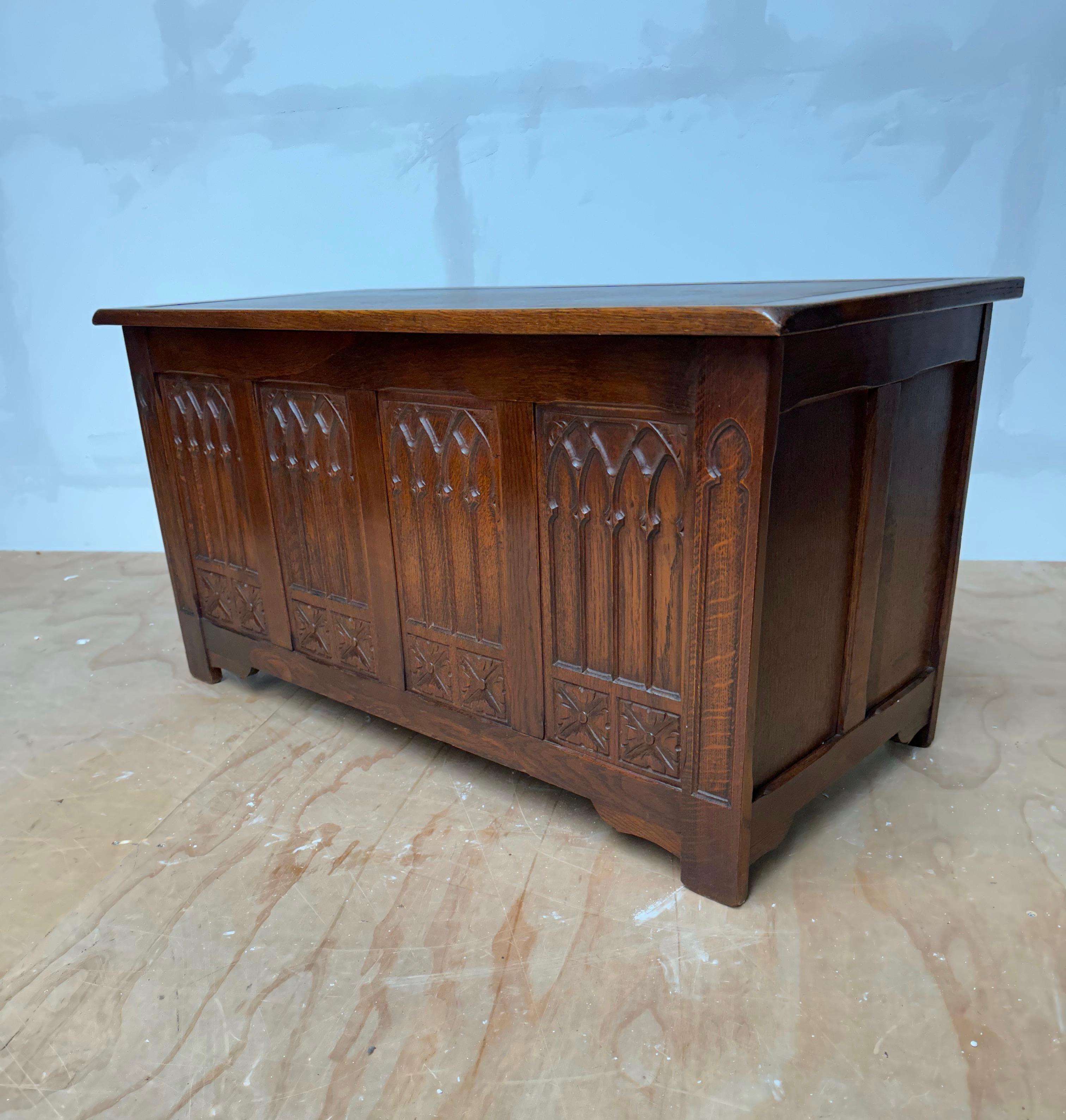 Stunning & Quality Carved Gothic Revival Blanket Chest with Church Window Panels 3