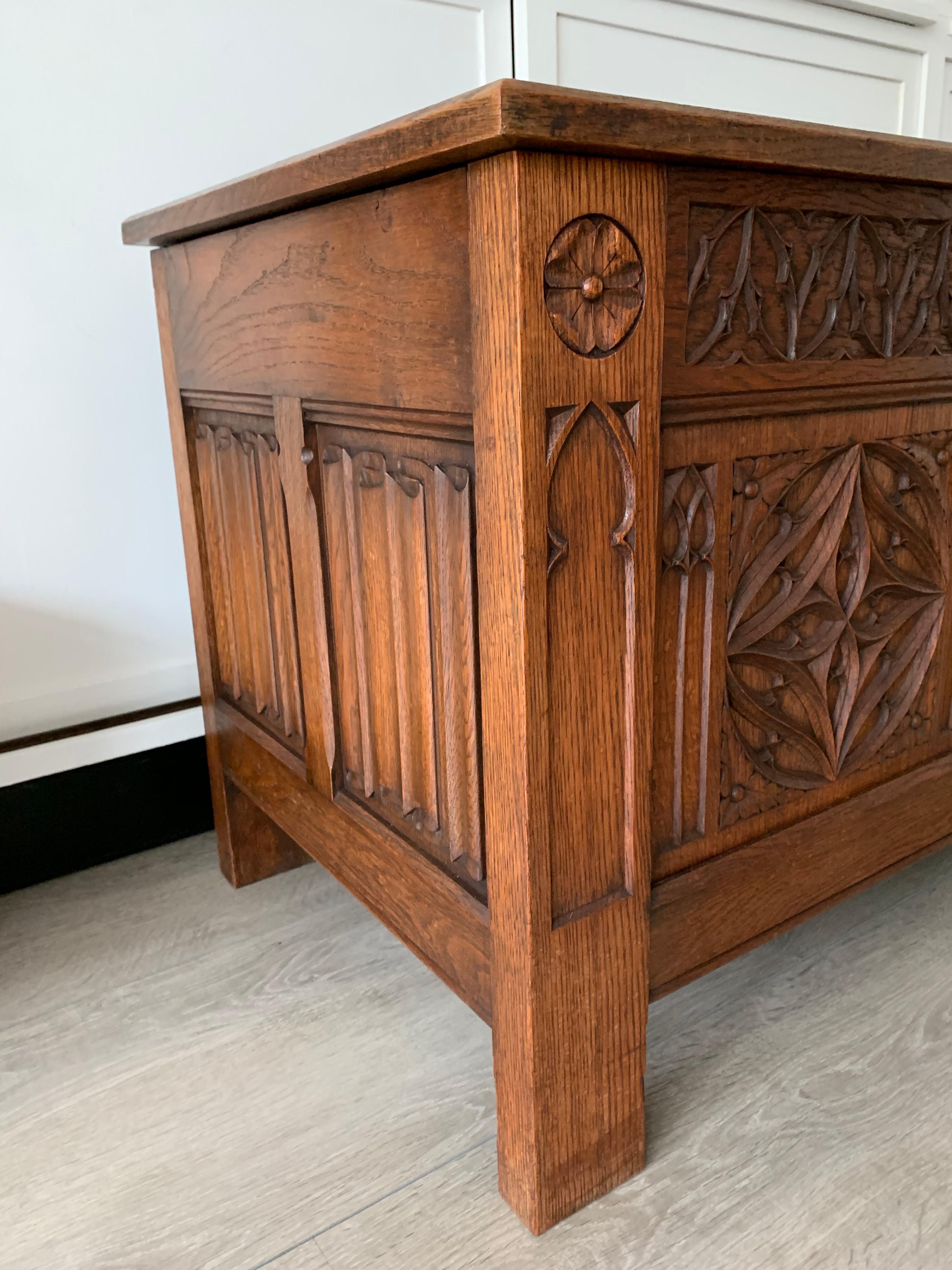 Stunning & Quality Carved Gothic Revival Blanket Chest with Church Window Panels 9